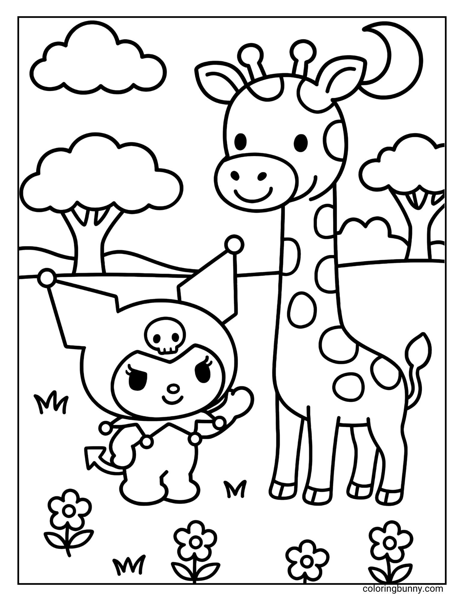 Kuromi coloring page of Kuromi waving to a smiling giraffe at night with trees, flowers, and a crescent moon in the background.