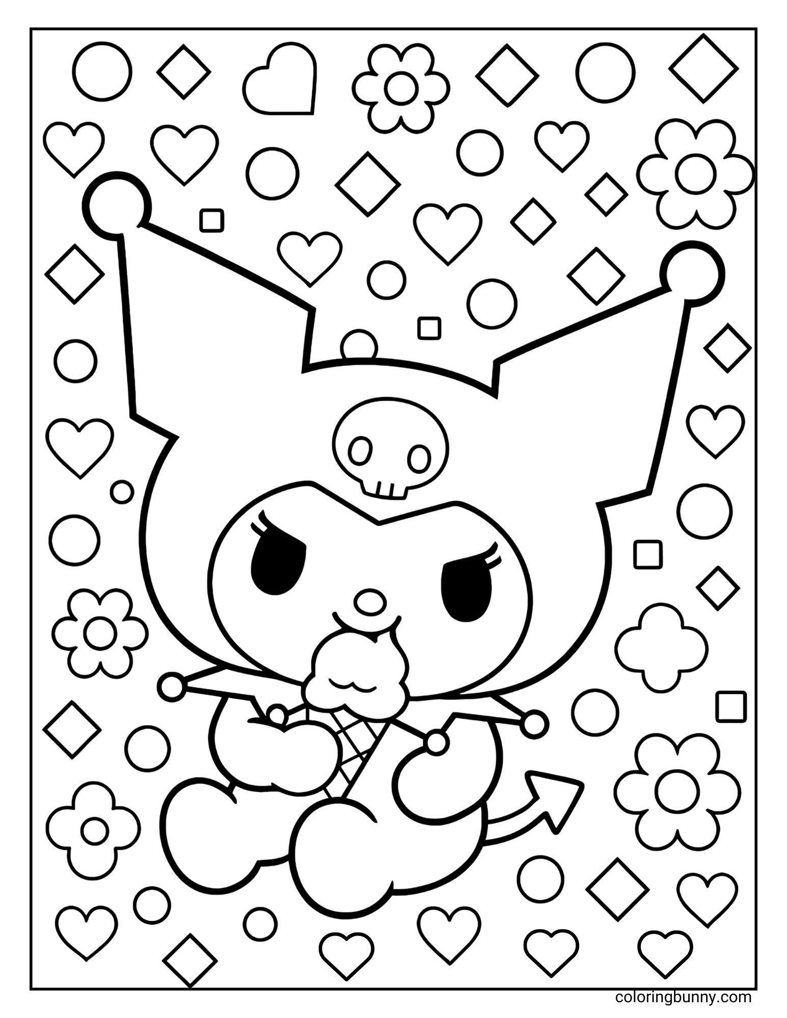 Kuromi coloring page of Kuromi eating ice cream with a background full of hearts, flowers, circles, and diamonds for a cute and fun design.