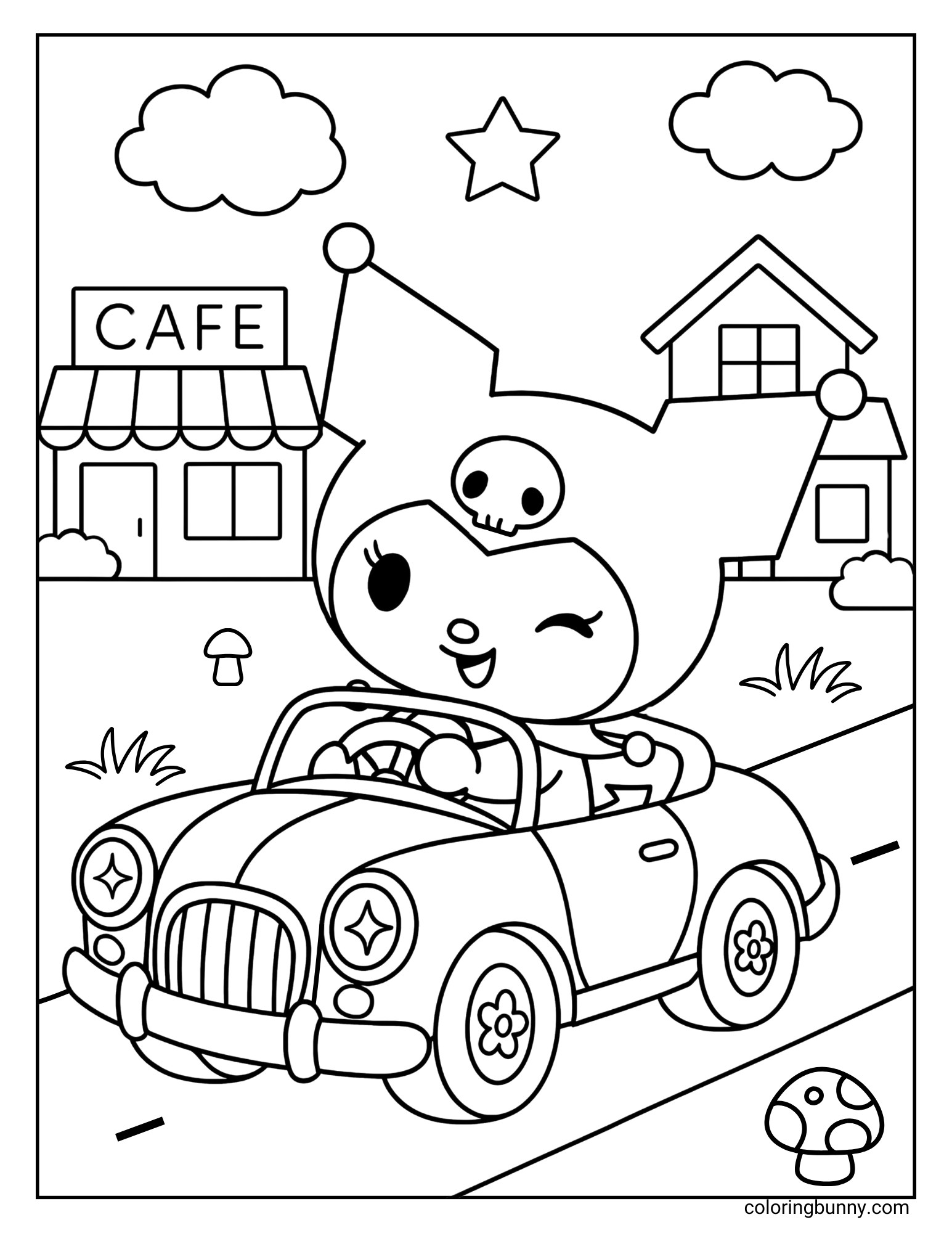A coloring page of Kuromi winking and driving a car on a road, with a cafe and a house in the background.