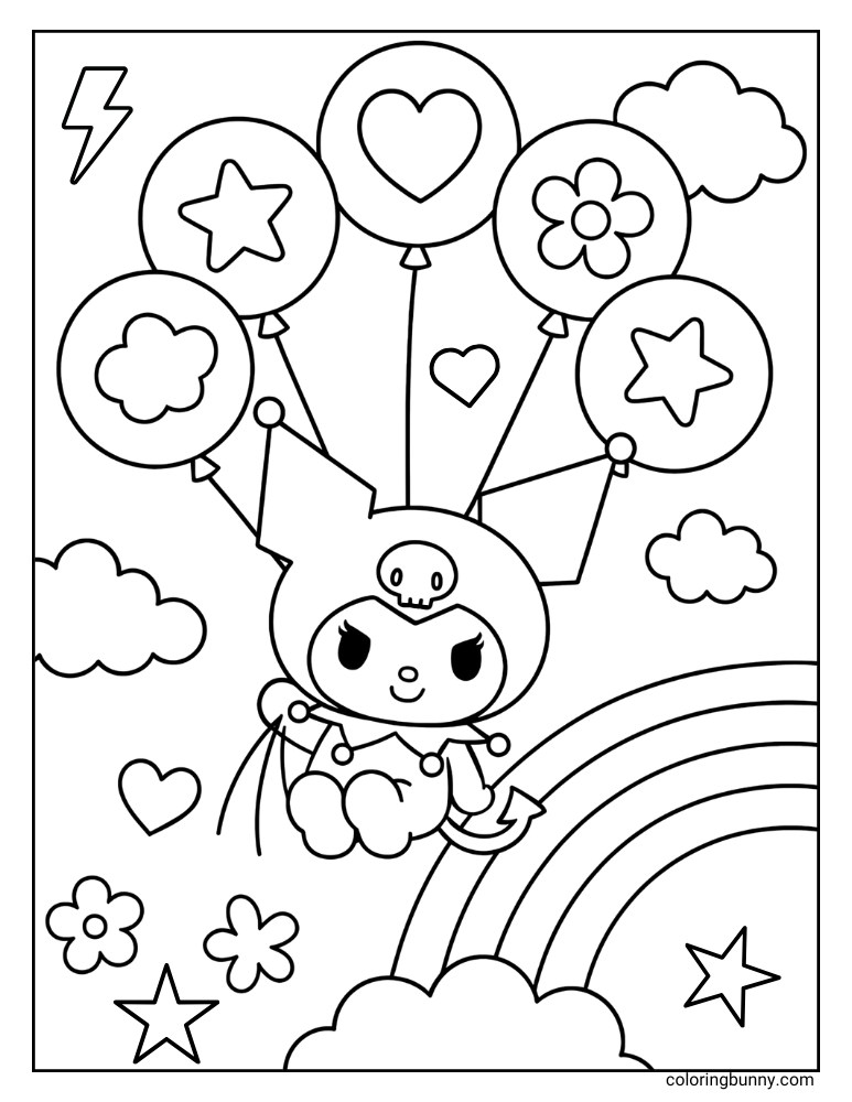 Coloring page of Kuromi flying over a rainbow while holding decorative balloons with hearts, stars, flowers, and clouds.