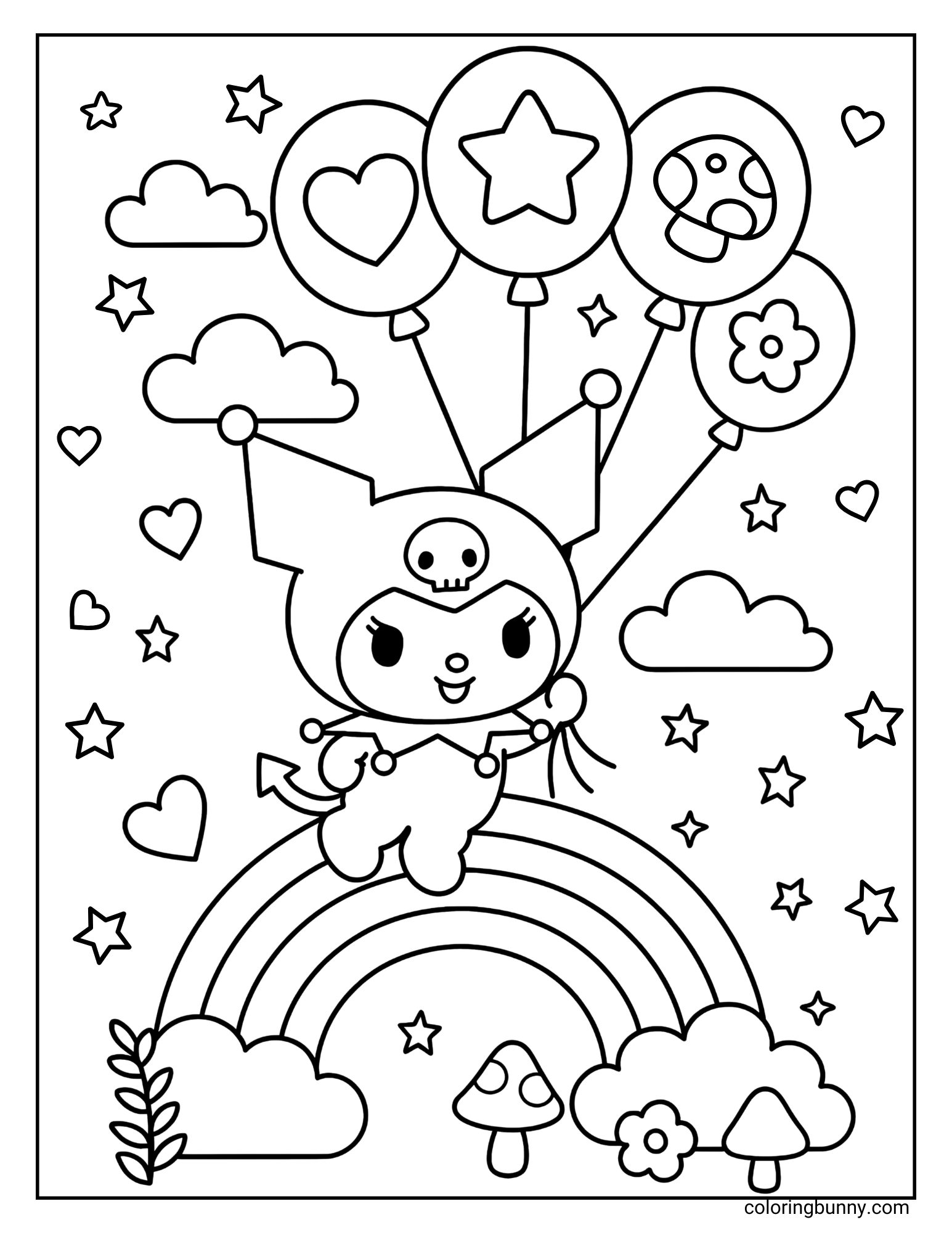 Coloring page of Kuromi floating above a rainbow with balloons, clouds, stars, hearts, mushrooms, and flowers.