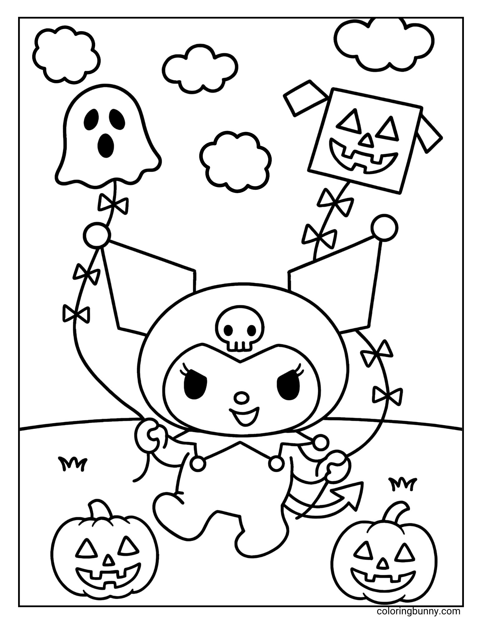 A black and white coloring page showing the character Kuromi holding strings to two Halloween-themed kites: one shaped like a ghost and the other like a jack-o'-lantern. There are clouds in the sky and two carved pumpkins on the ground next to Kuromi.