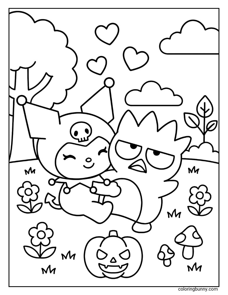 Coloring page of Kuromi hugging Badtz-Maru with hearts above them, flowers, mushrooms, and a jack-o’-lantern in the scene.