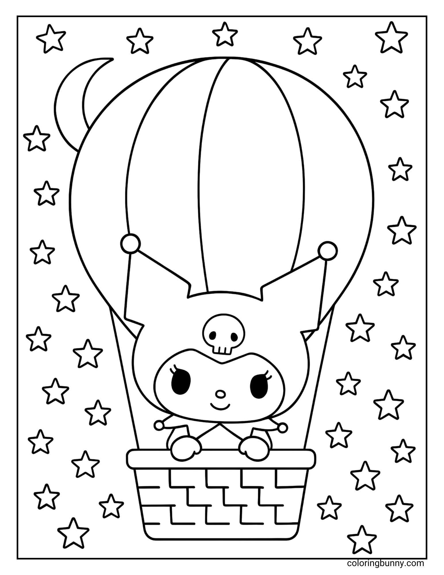 Kuromi themed coloring sheet, featuring her in a hot air balloon with a starry night sky background including a crescent moon.