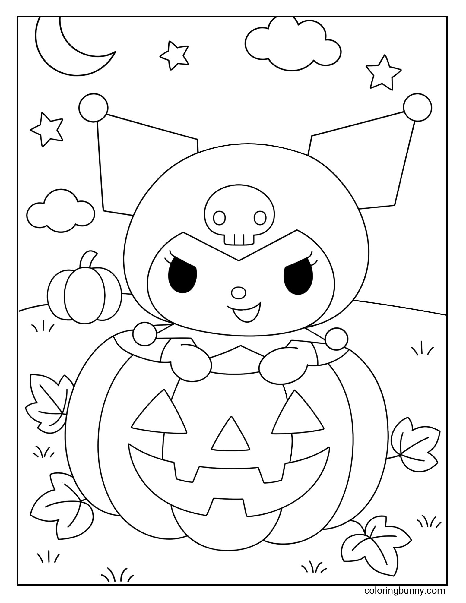 Kuromi dressed in her jester hat peeking out of a large jack-o’-lantern pumpkin, surrounded by stars, clouds, and pumpkins on a night sky background.