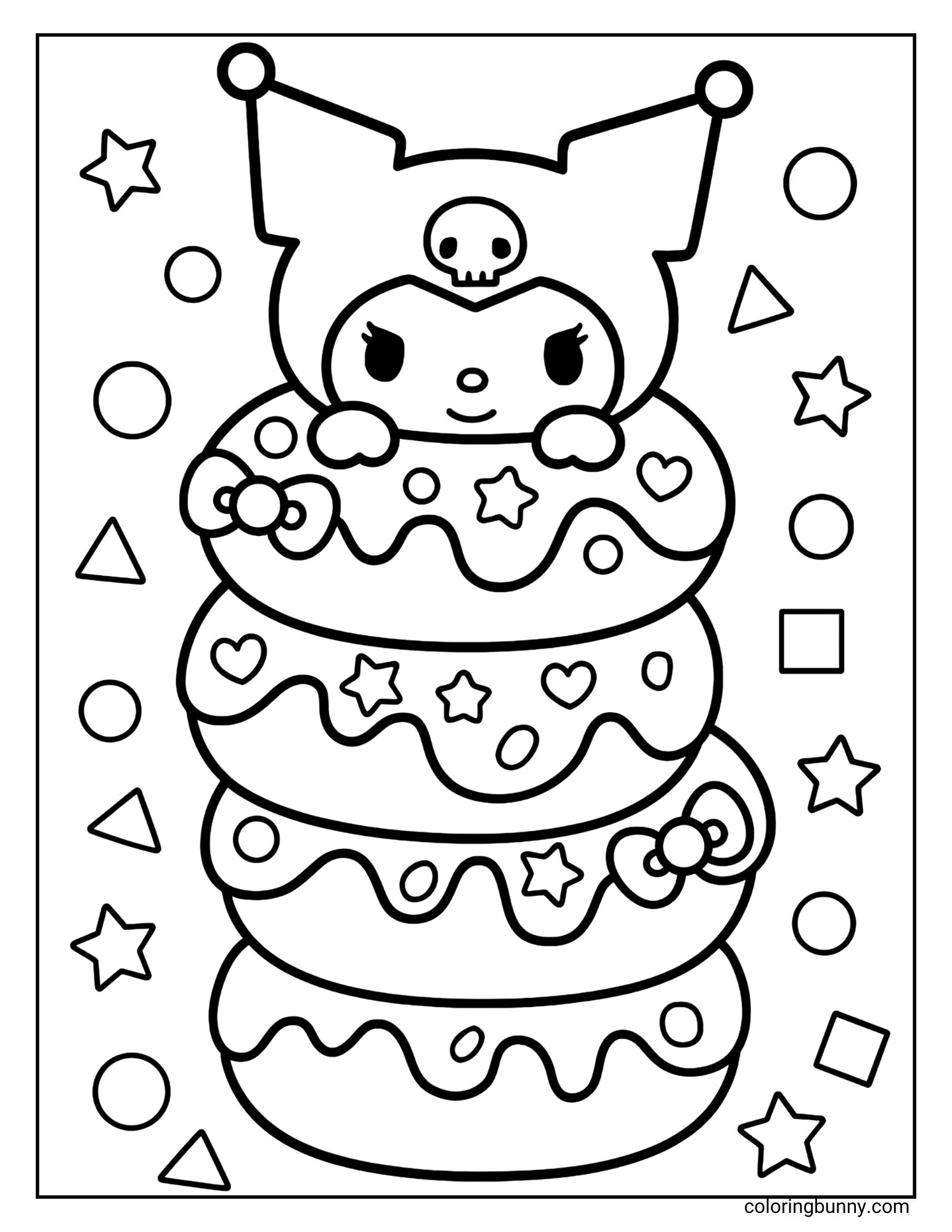 Kuromi peeking from a tall stack of decorated donuts, surrounded by geometric shapes, on this sweet Kuromi coloring page.