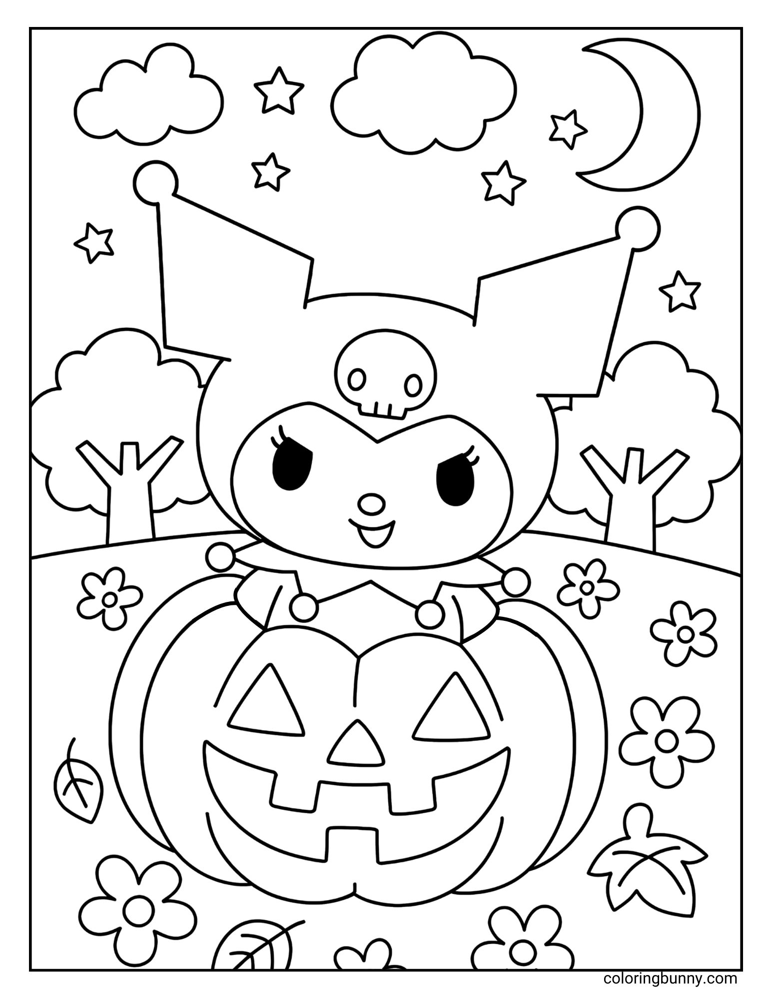 Cute Halloween-themed coloring page of Kuromi sitting inside a jack-o’-lantern, surrounded by flowers, fallen leaves, trees, and a night sky with stars, clouds, and a crescent moon.