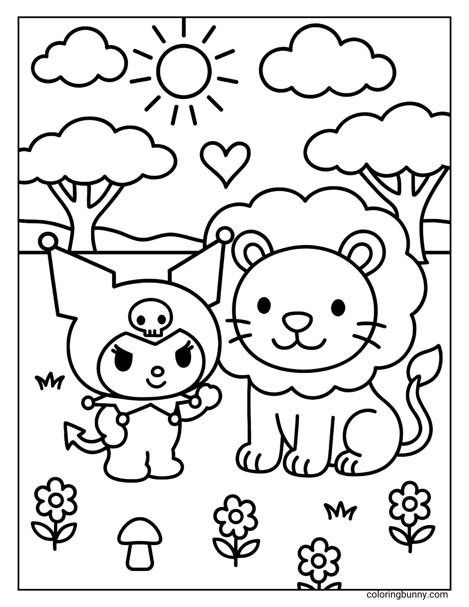 Kuromi coloring page featuring Kuromi next to a smiling lion under the sun with trees, flowers, and a heart in the scene.