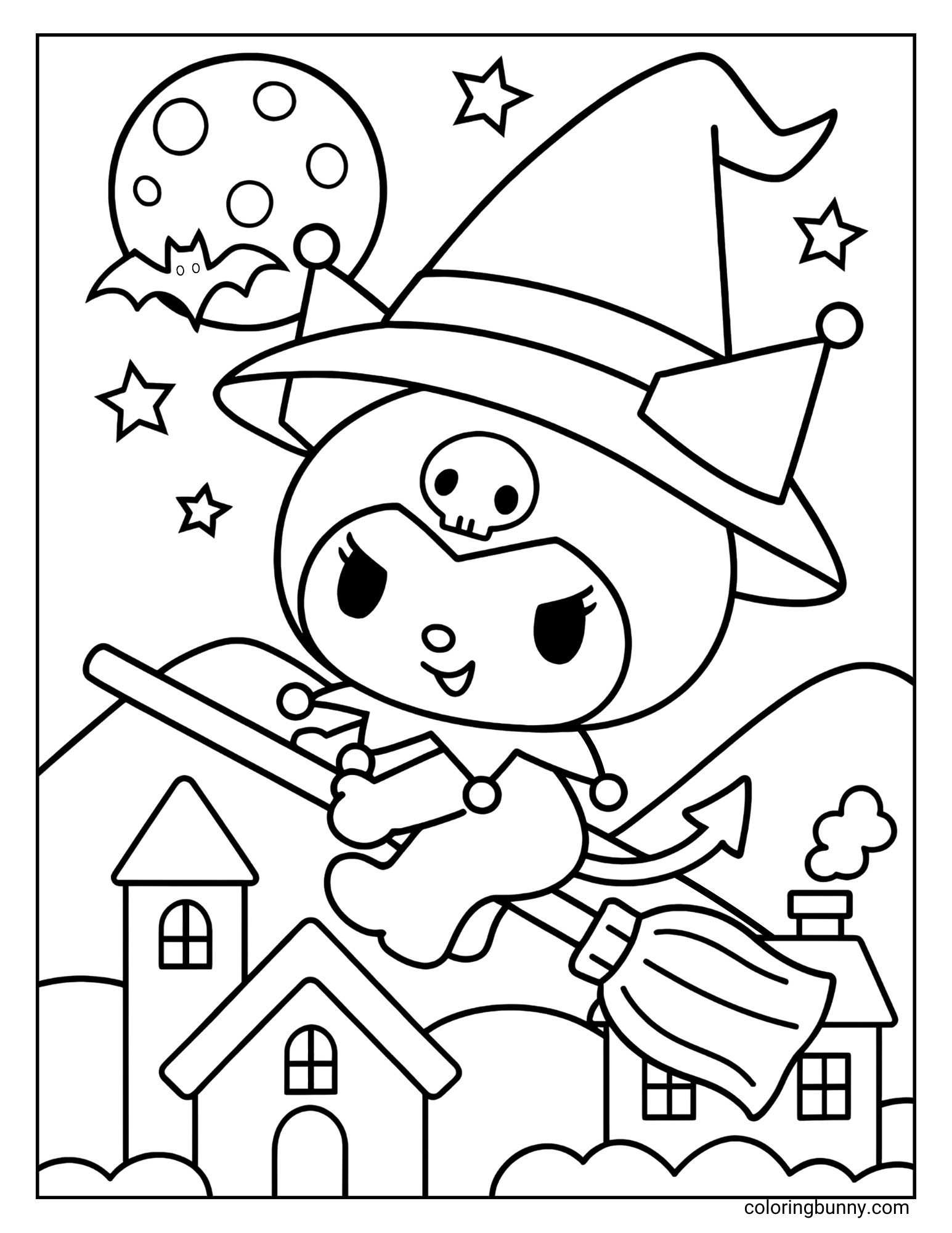 Kuromi coloring sheet dressed as a witch flying on a broomstick with a full moon and bat in the sky.