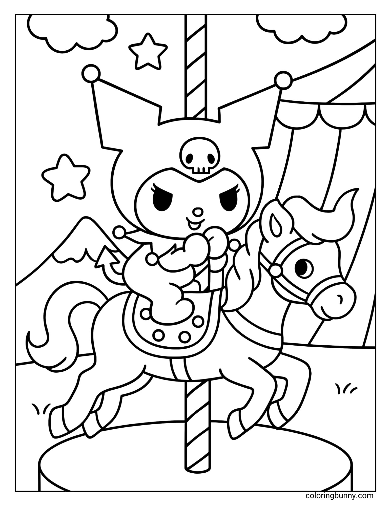 Kuromi coloring page of Kuromi riding a carousel horse, with a circus tent and stars in the background.