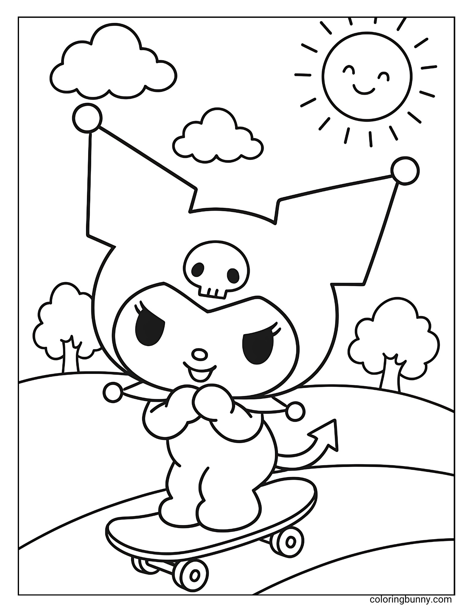 coloring page of Kuromi riding a skateboard on a hilly path, with a sun, clouds, and trees in the background.