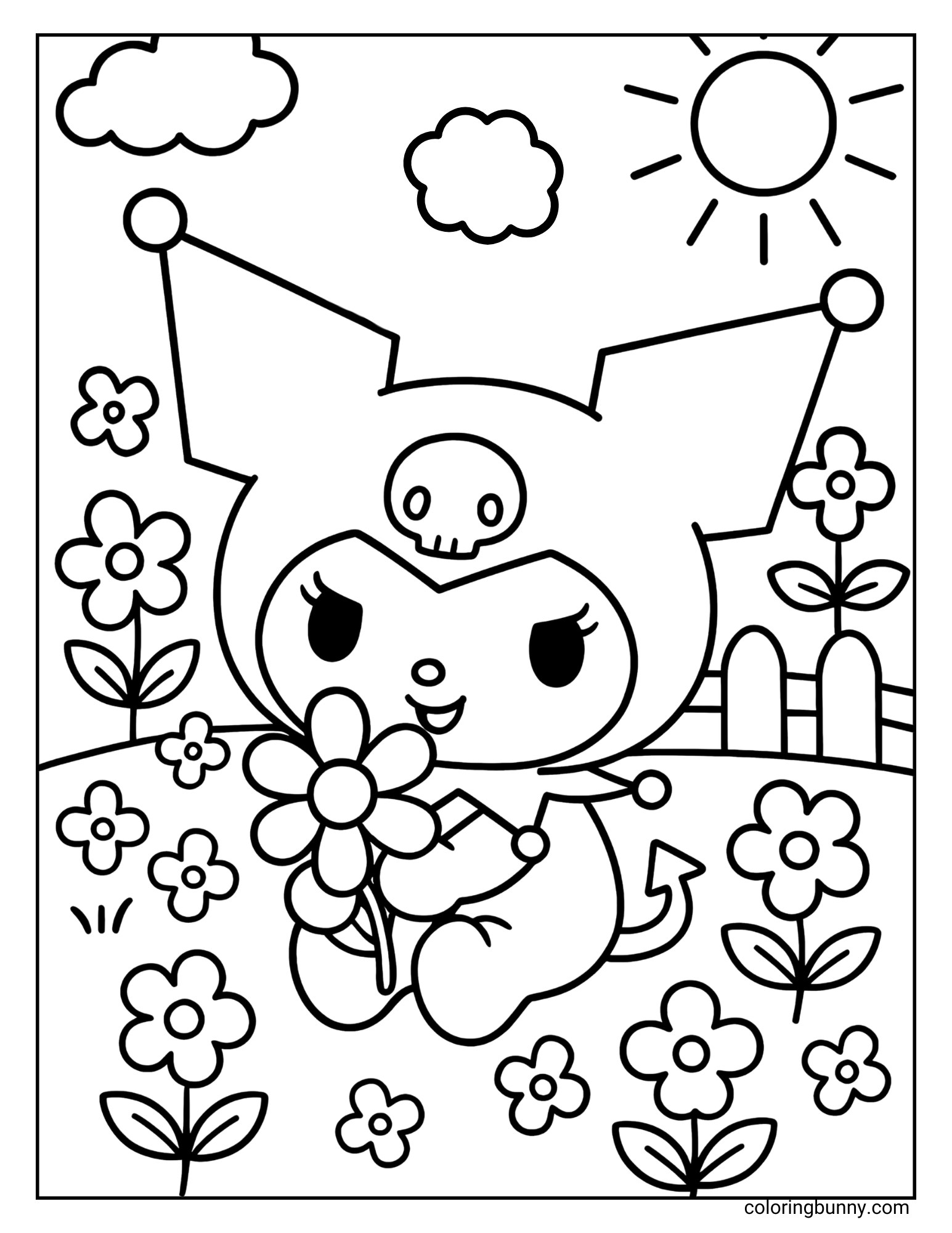 Cute Kuromi coloring sheet of her holding a flower in a sunny field filled with blossoms.