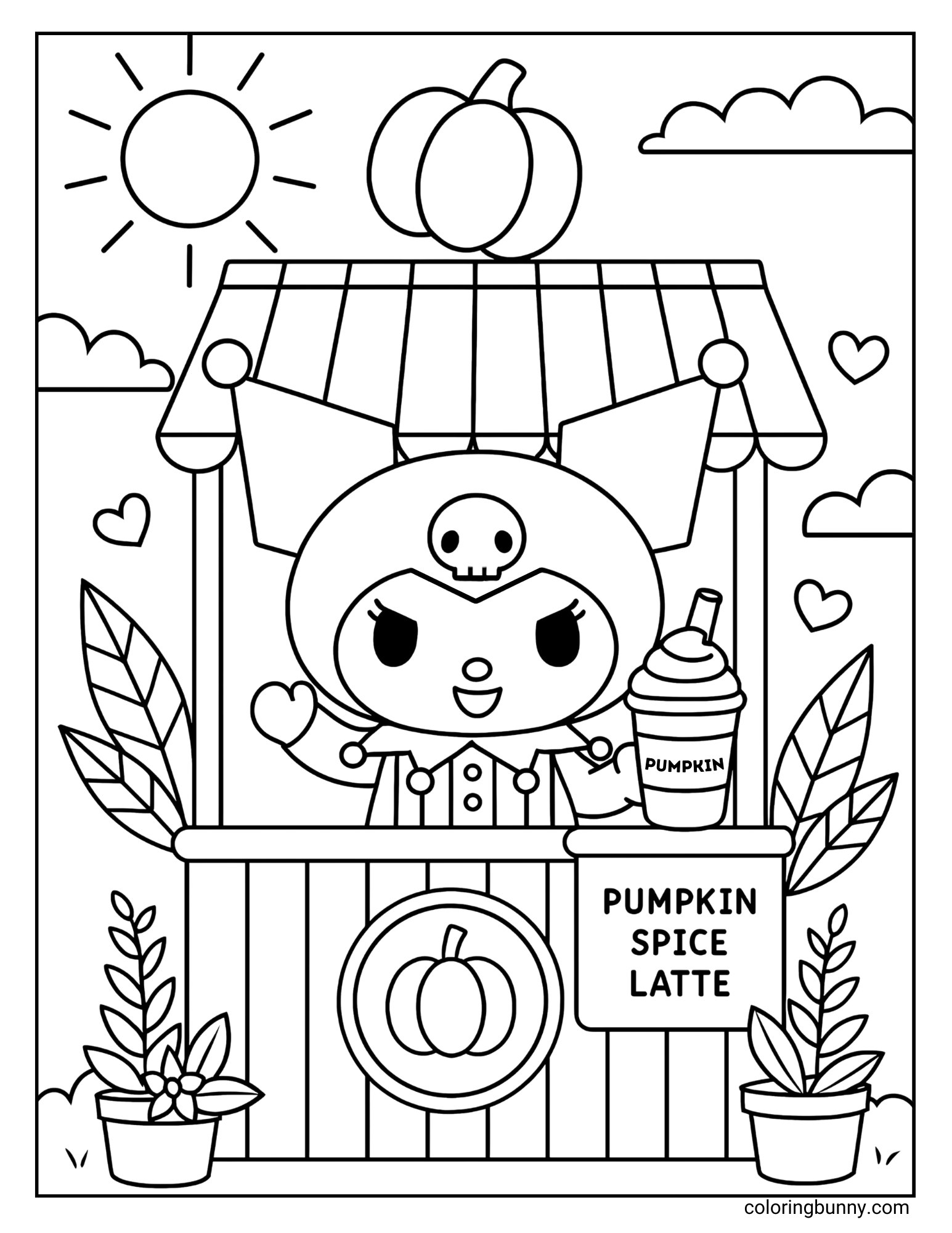 Kuromi fall coloring page of Kuromi at a pumpkin spice latte stand, holding a drink with pumpkins and plants around.
