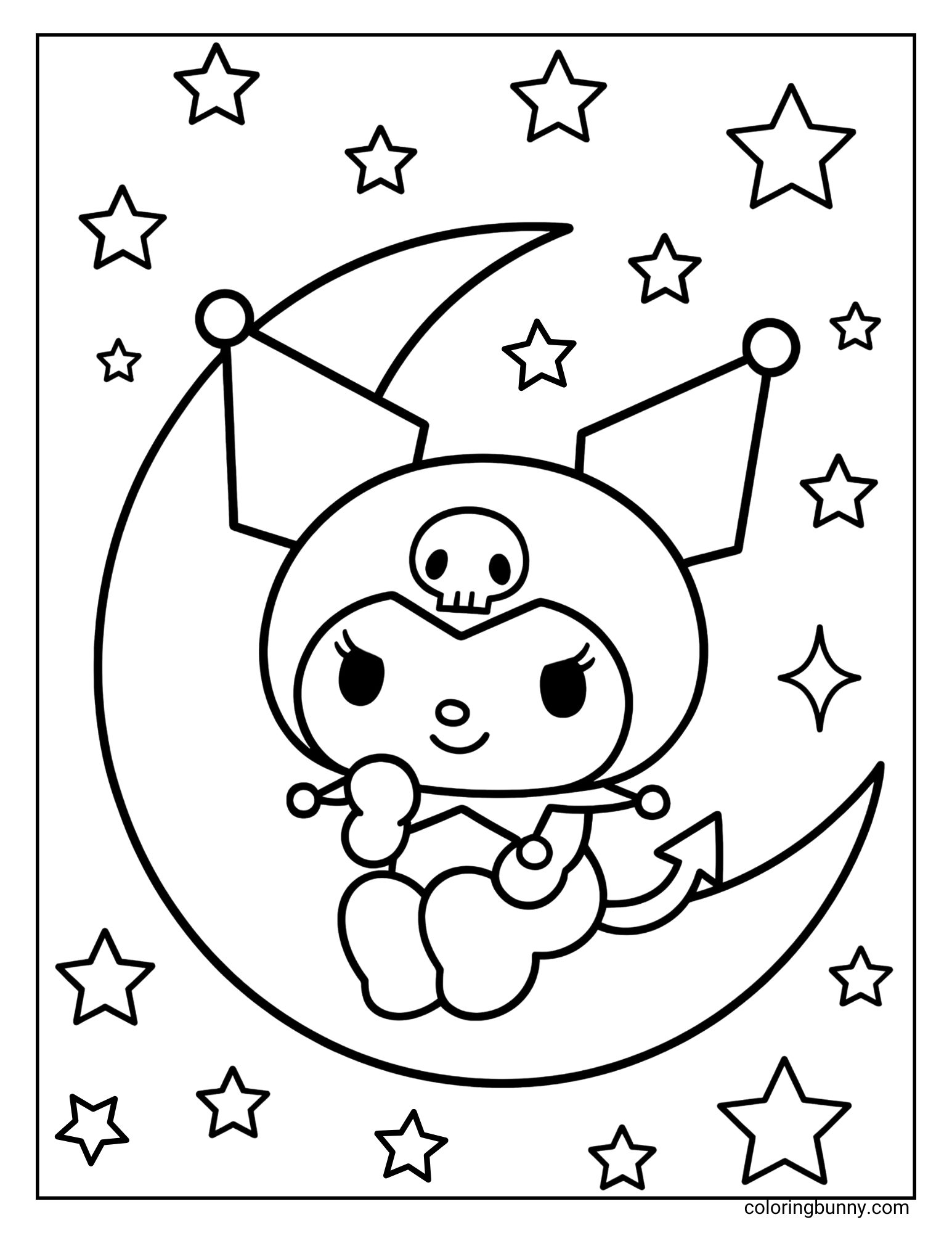 Kuromi coloring page depicting Kuromi perched on a large crescent moon, looking outward. The background is abundant with stars of different sizes, forming a whimsical, cosmic design.