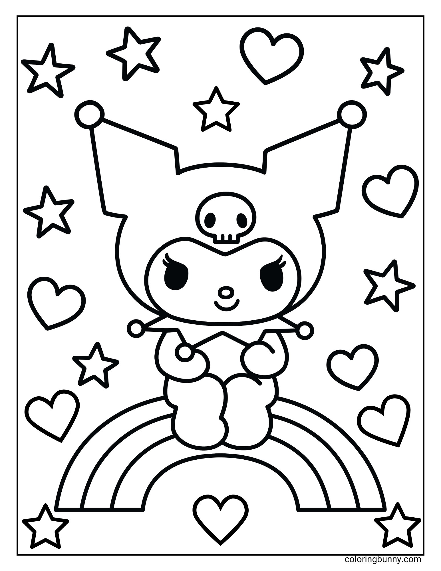 Fun Kuromi coloring sheet of her sitting on a rainbow surrounded by hearts and stars.