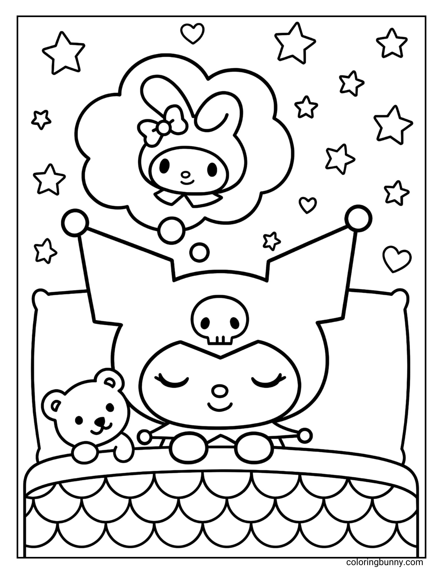 Coloring page of Kuromi sleeping in her bed with a teddy bear and dreaming of My Melody.