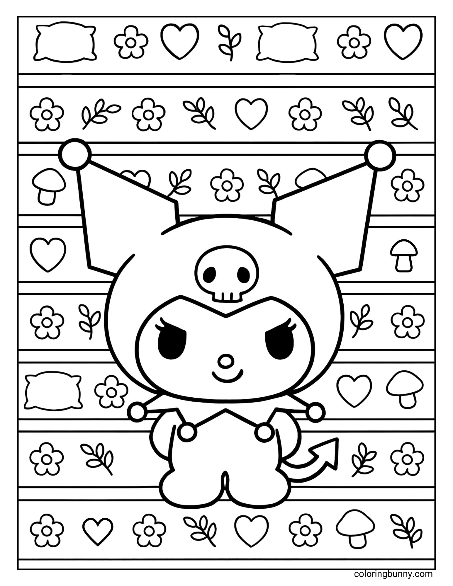 Coloring page of Kuromi standing in front of a background with horizontal rows of hearts, flowers, mushrooms, and pillows.