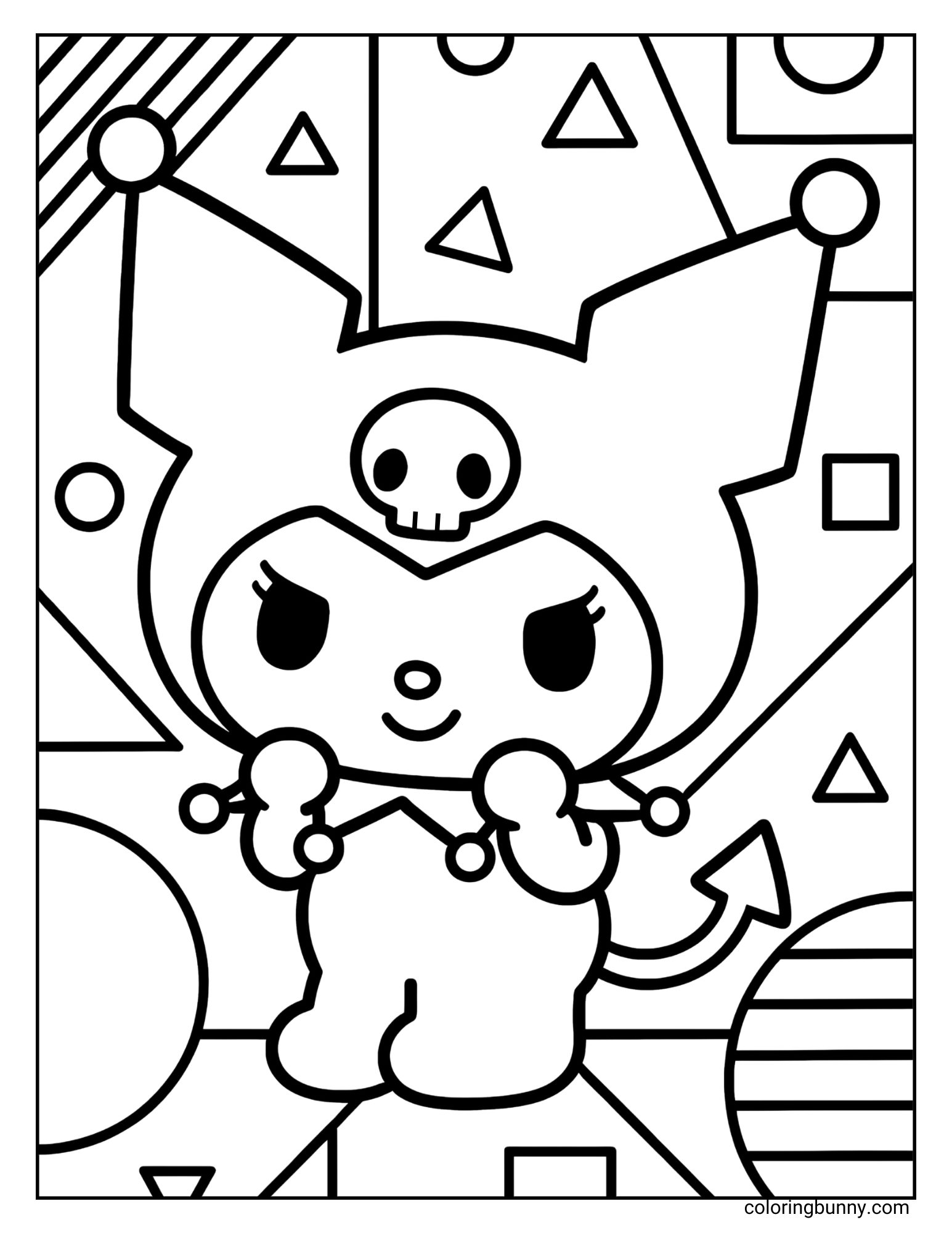 A coloring page of Kuromi in front of a background of abstract patterns and shapes.