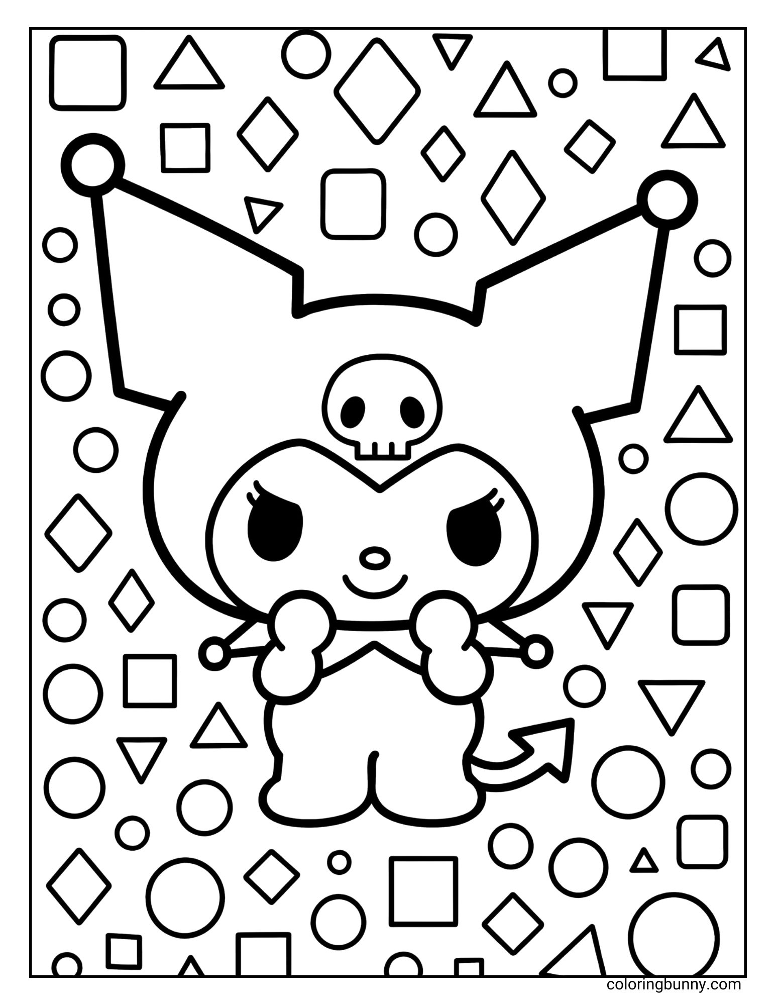 Kuromi coloring page showcasing Kuromi in a cheerful stance, with the entire background filled with an array of outlined geometric shapes.