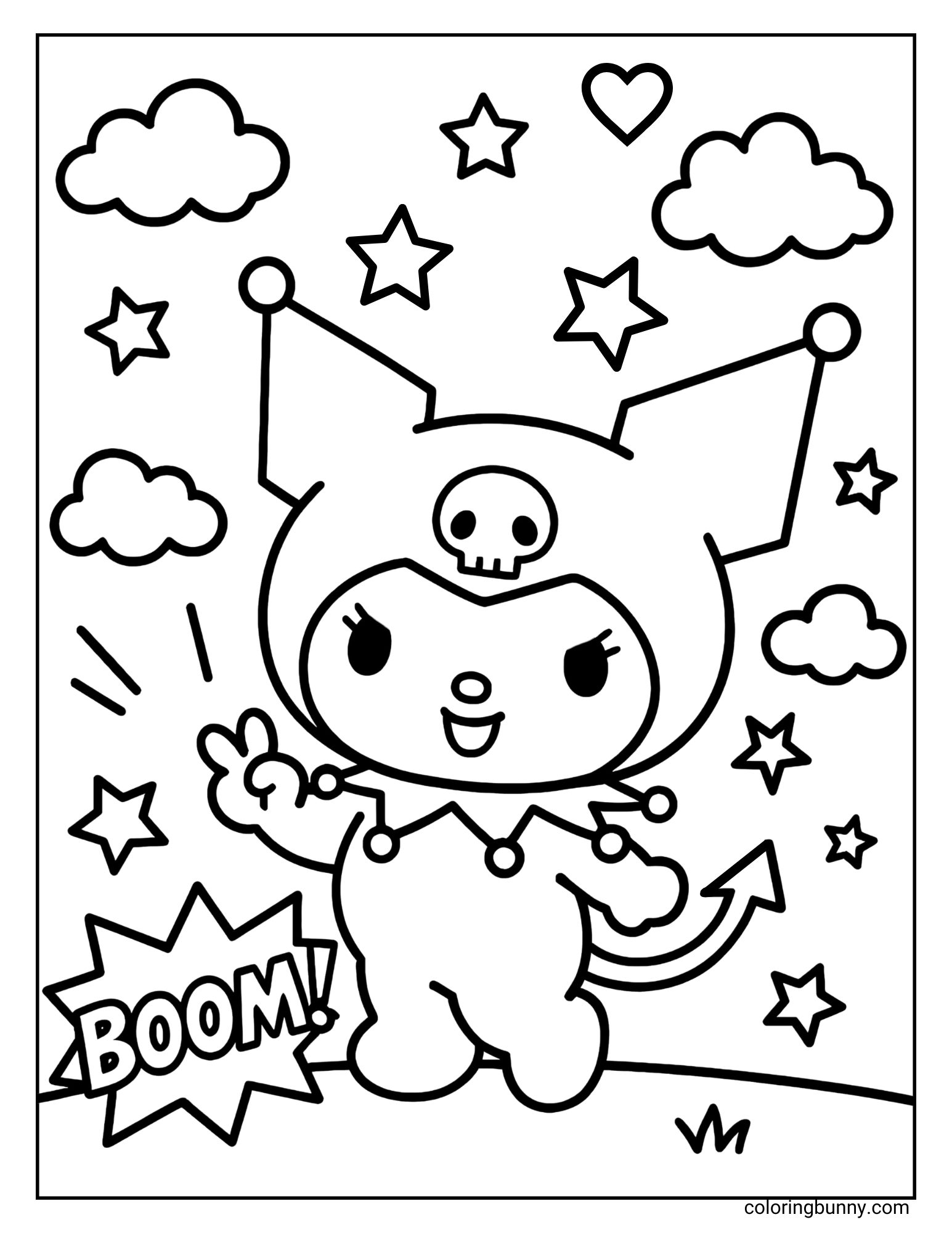 Kuromi making a peace sign amidst stars and a "BOOM!" bubble, on this energetic Kuromi coloring page.