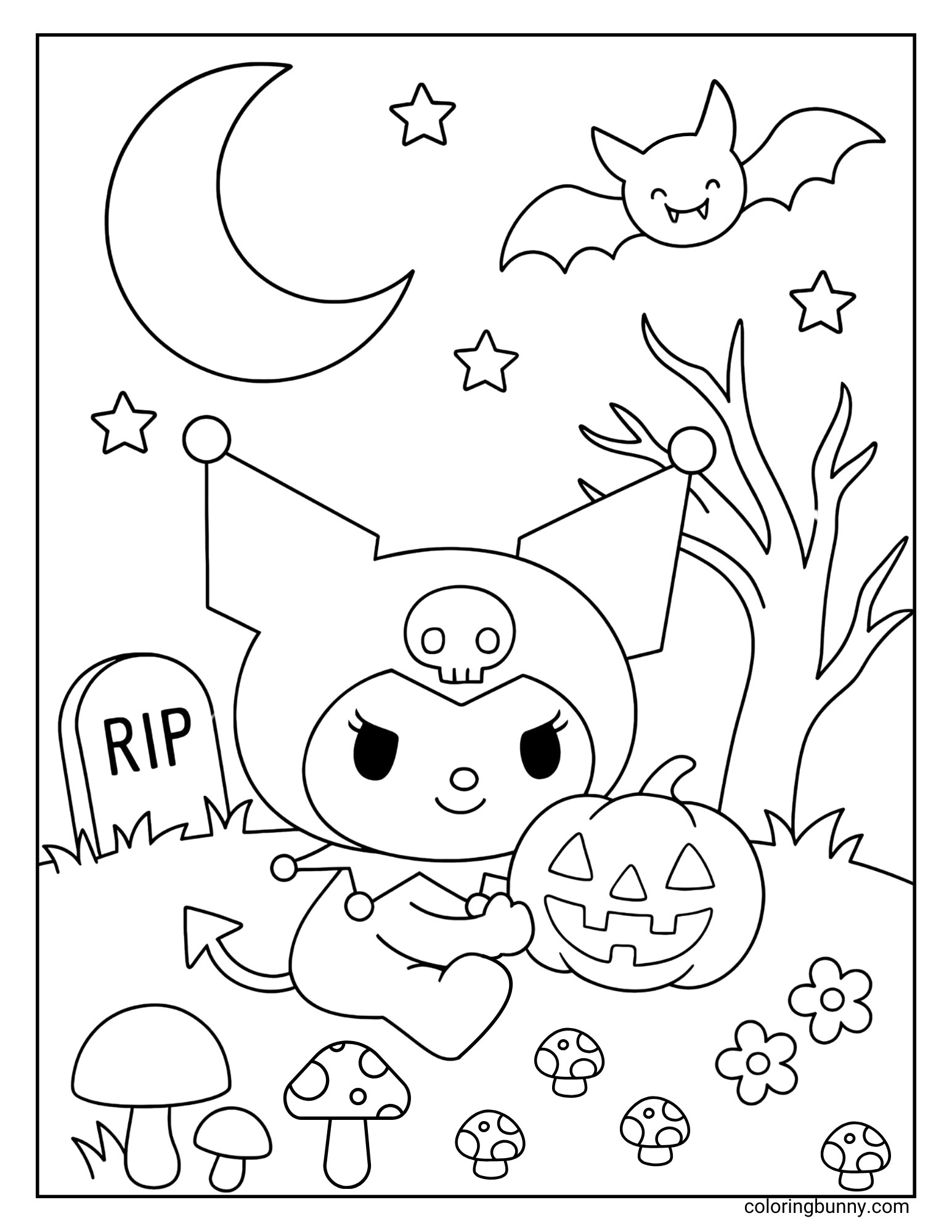 Kuromi Halloween coloring page of Kuromi holding a carved pumpkin, surrounded by mushrooms, a bat, and a crescent moon.