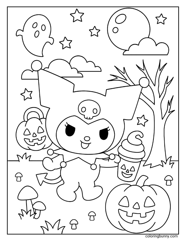 Halloween Kuromi coloring page of Kuromi holding a pumpkin latte in a haunted pumpkin patch with ghosts, jack-o’-lanterns, mushrooms, and stars.