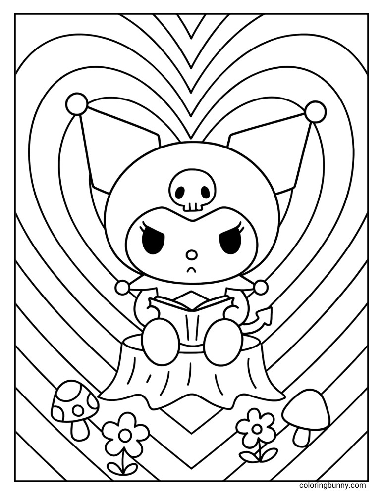 Coloring page of Kuromi sitting on a tree stump reading with a big heart pattern background.