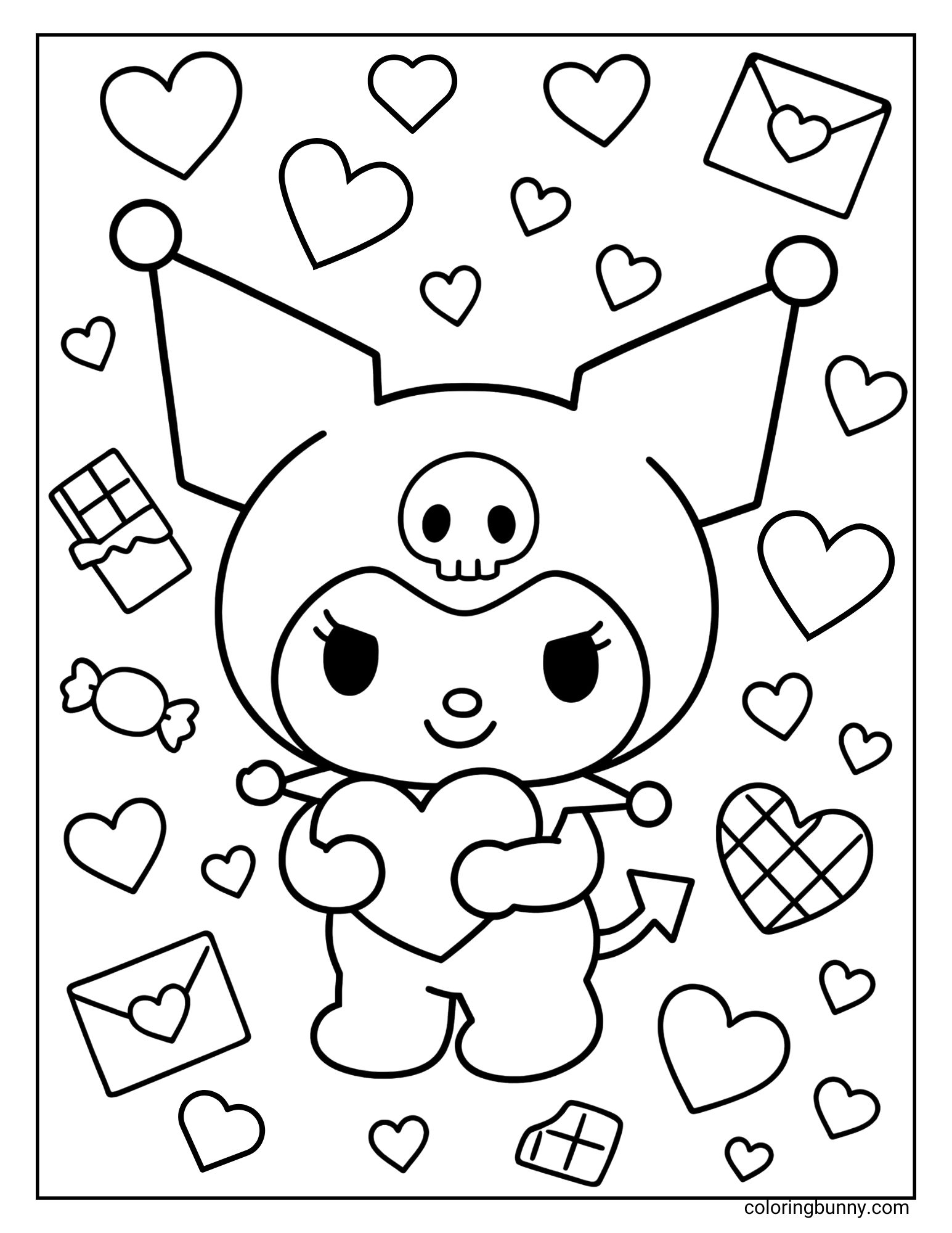 A printable coloring sheet depicting Kuromi in a sweet-themed illustration. She is holding a large heart, and the entire page is adorned with numerous hearts of different styles, chocolates, and love letters, all ready to be colored.