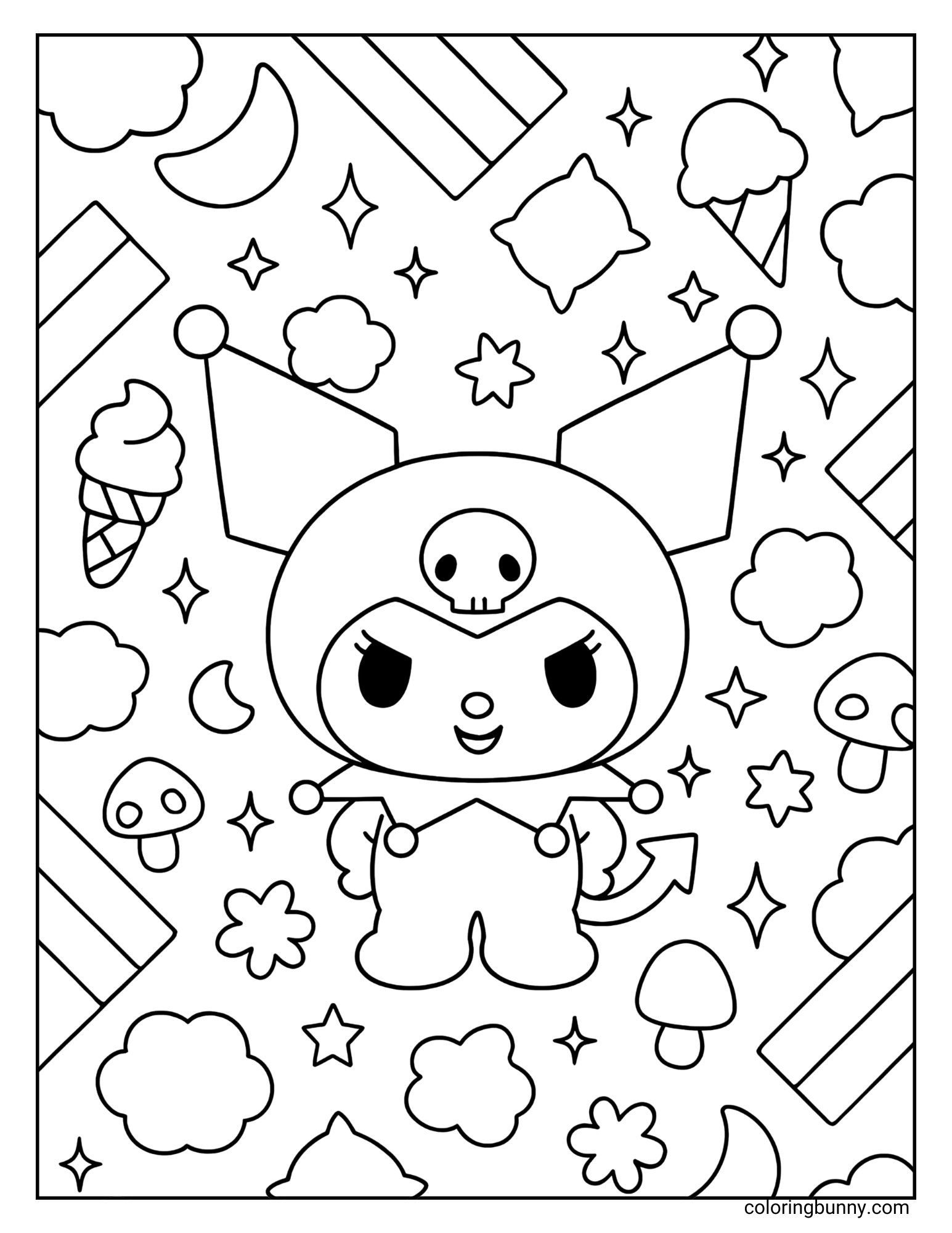 Kuromi coloring page with Kuromi in a fun background filled with stars, clouds, mushrooms, and ice cream.