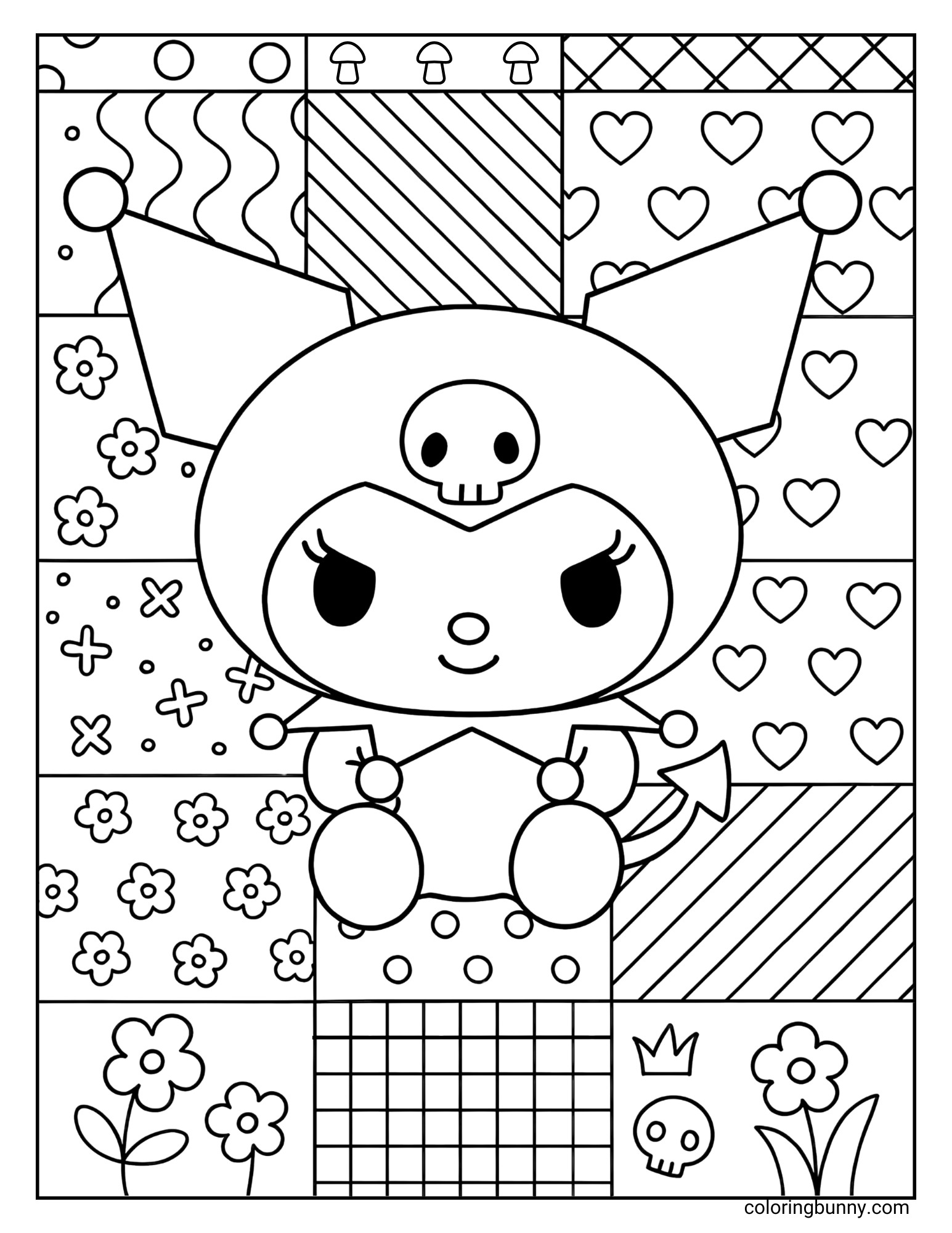 A coloring page of Kuromi sitting in front of a checkered background with patterns of hearts, flowers, and diamonds.
