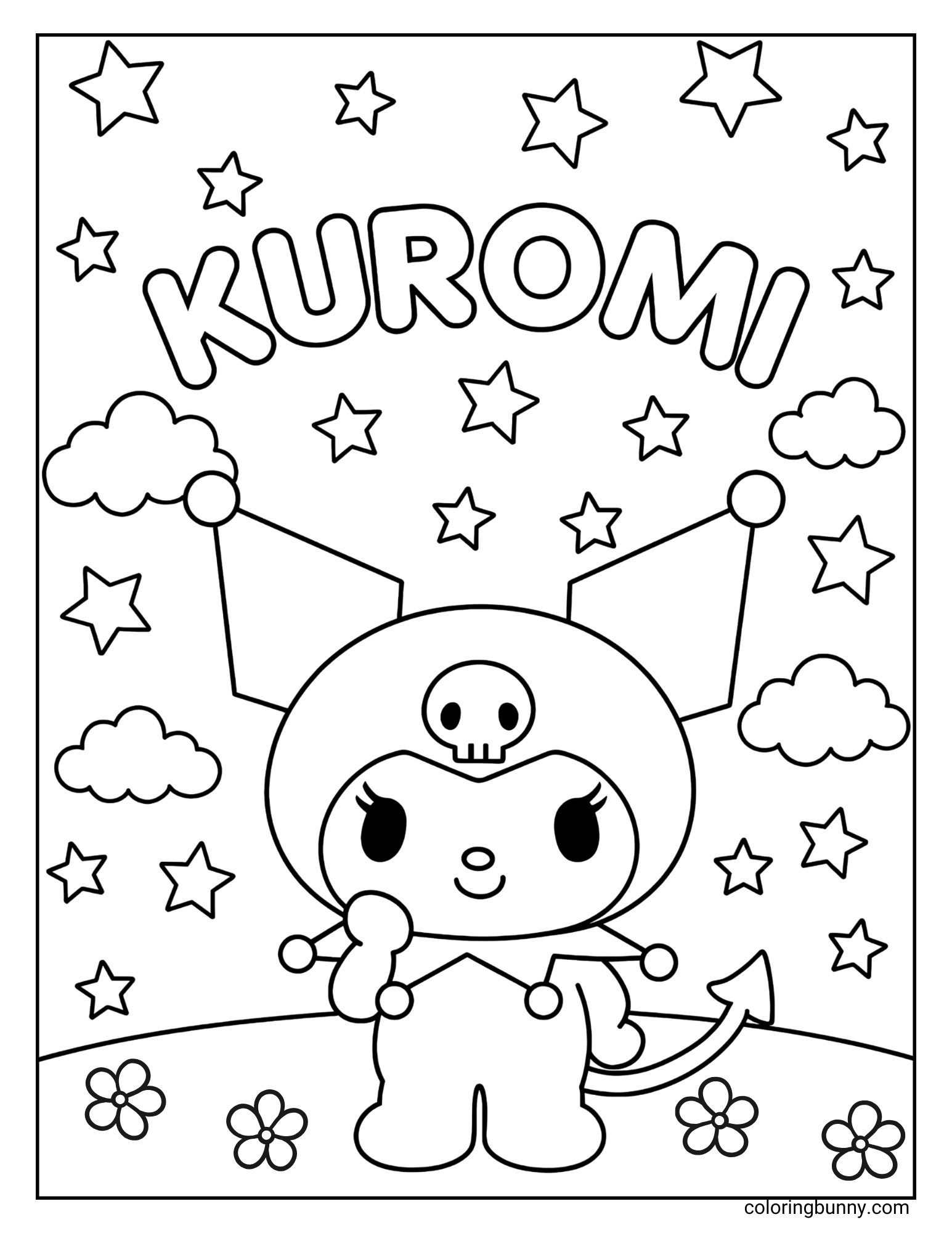 Cute Kuromi coloring sheet with stars, clouds, and flowers for a magical scene.