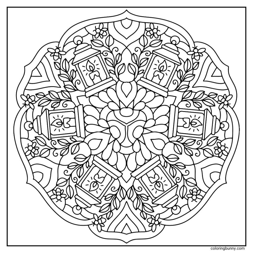 A hand-drawn fall mandala coloring page featuring ornate lanterns surrounded by leafy accents and fireflies. The symmetrical design captures the warmth and magic of lantern-lit evenings, making it an inviting coloring page for cozy fall nights.