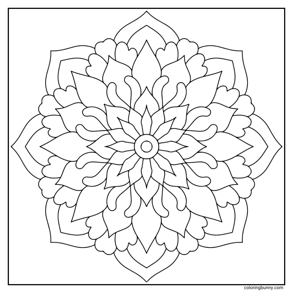 A hand-drawn mandala coloring page with a leafy core that expands into layered arches resembling crests or shields. The petal-like forms are pointed yet organic, giving the design a balance between strength and nature. Perfect for mindful coloring that blends structure with a touch of botanical elegance.