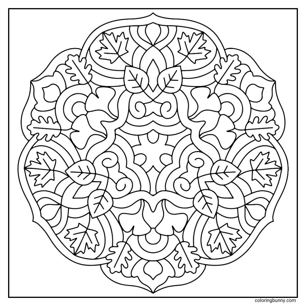 A hand-drawn fall mandala coloring page featuring swirling layers of maple, oak, and other autumn leaves arranged in perfect symmetry. The crisp shapes and flowing pattern capture the beauty of leaves caught in a gentle seasonal breeze, making it perfect for cozy, nature-inspired coloring.