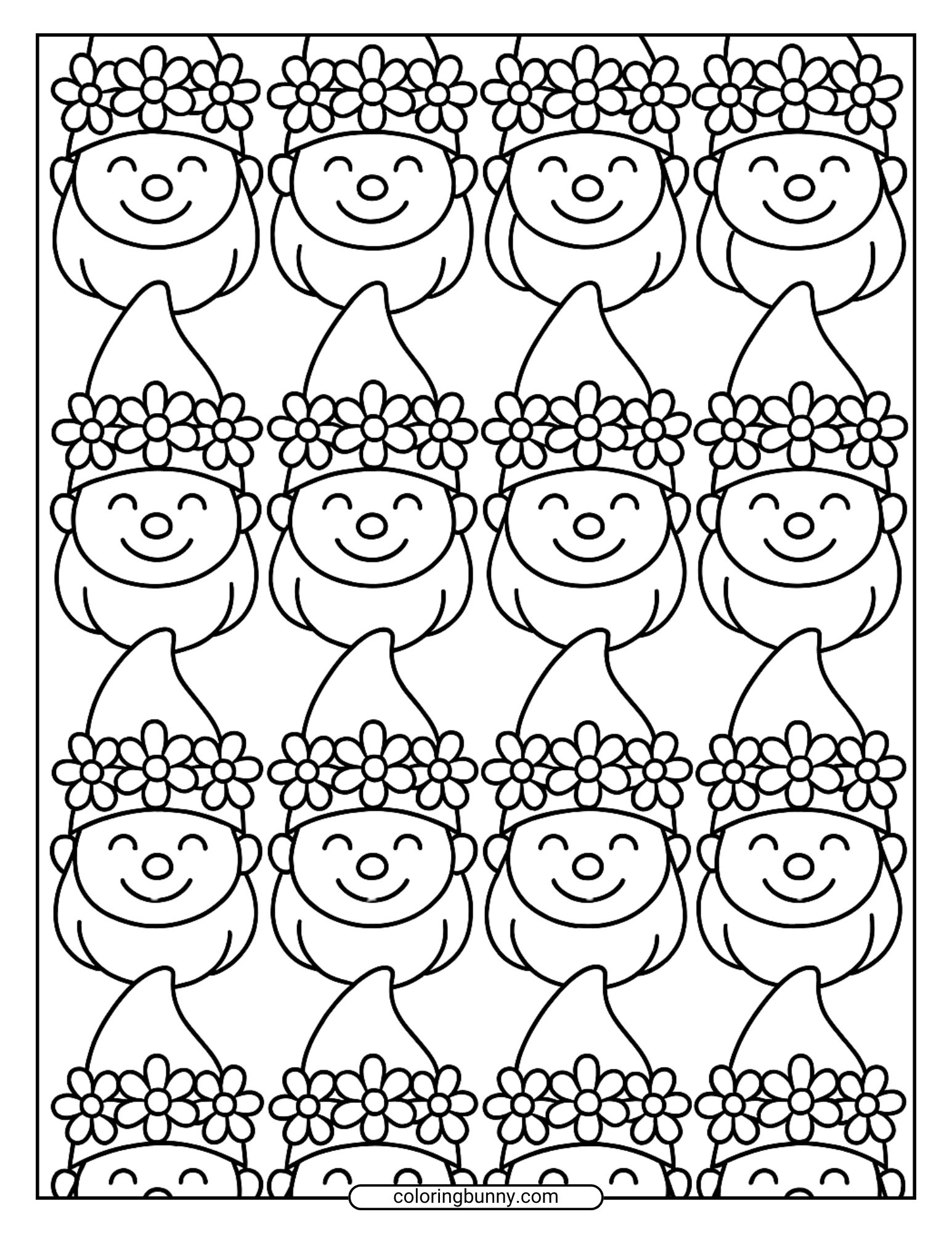 Gnome coloring page showing a repeating pattern of happy gnomes, some wearing flower crowns.