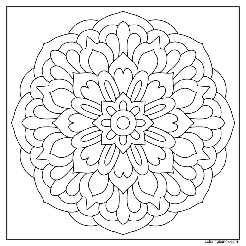 A hand-drawn mandala coloring page with a lotus-inspired center that blossoms outward in layered spirals. Each ring alternates between rounded petals and pointed arcs, creating a rhythmic balance of softness and strength. The floral geometry gives it a serene, meditative presence, like a lotus unfolding petal by petal in still water.