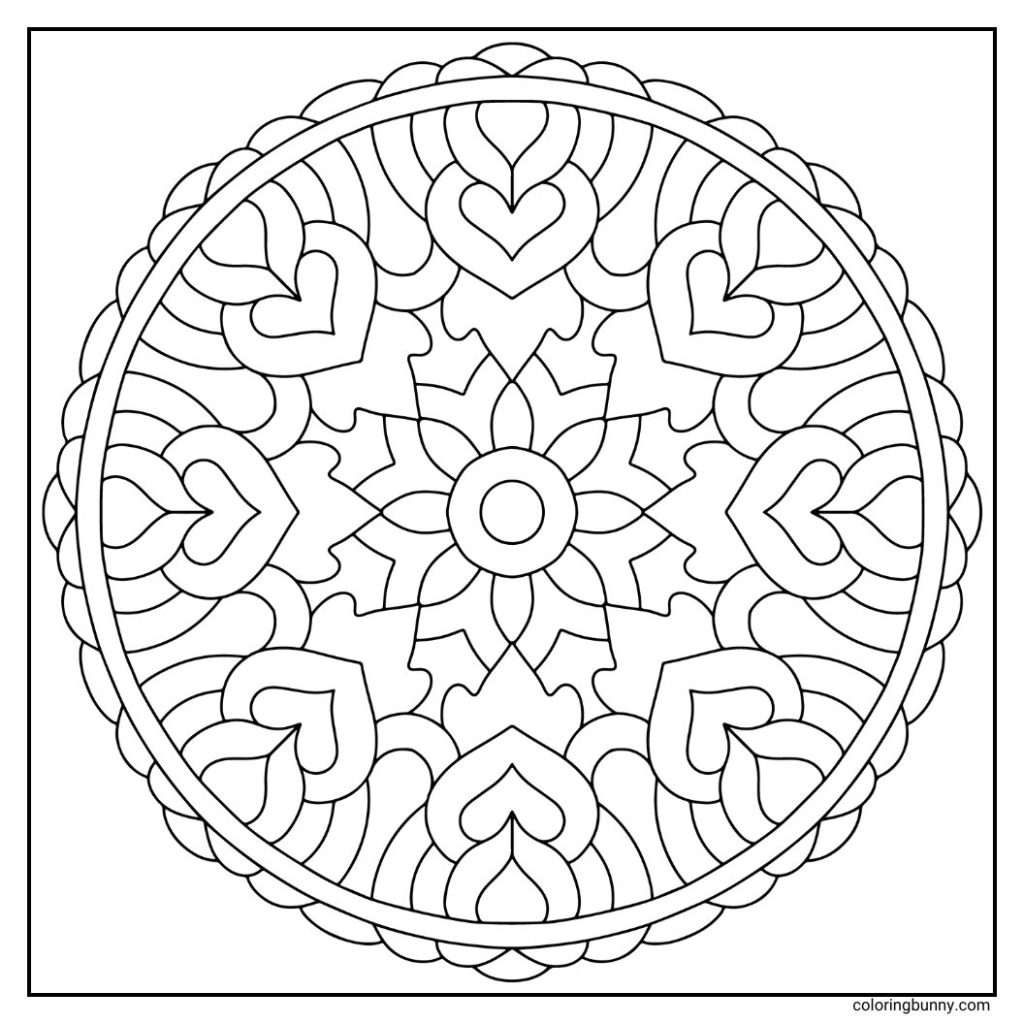 A hand-drawn mandala coloring page featuring a central pattern surrounded by heart shapes and smoothly rounded edges. Its soft symmetry makes it both playful and calming, perfect for coloring sessions filled with cozy, loving vibes.