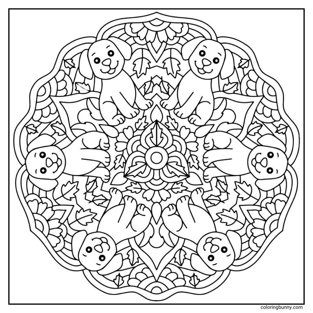 A heartwarming hand-drawn animal mandala coloring page featuring loyal dogs arranged in a balanced circular layout. Each dog showcases happy faces, floppy ears, and wagging tails, surrounded by crunchy fall leaves, and playful accents. A joyful design perfect for dog lovers and mindful coloring moments.