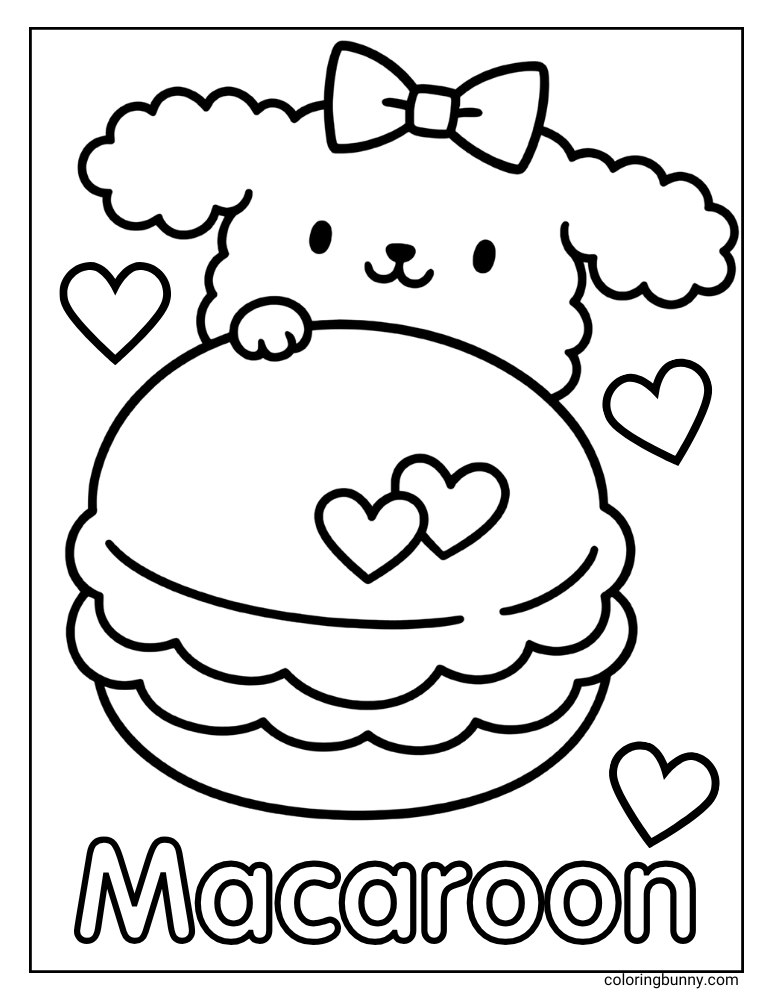 Cute Hello Kitty character Macaroon coloring page featuring Pompompurin’s best friend hugging a big macaroon with hearts.