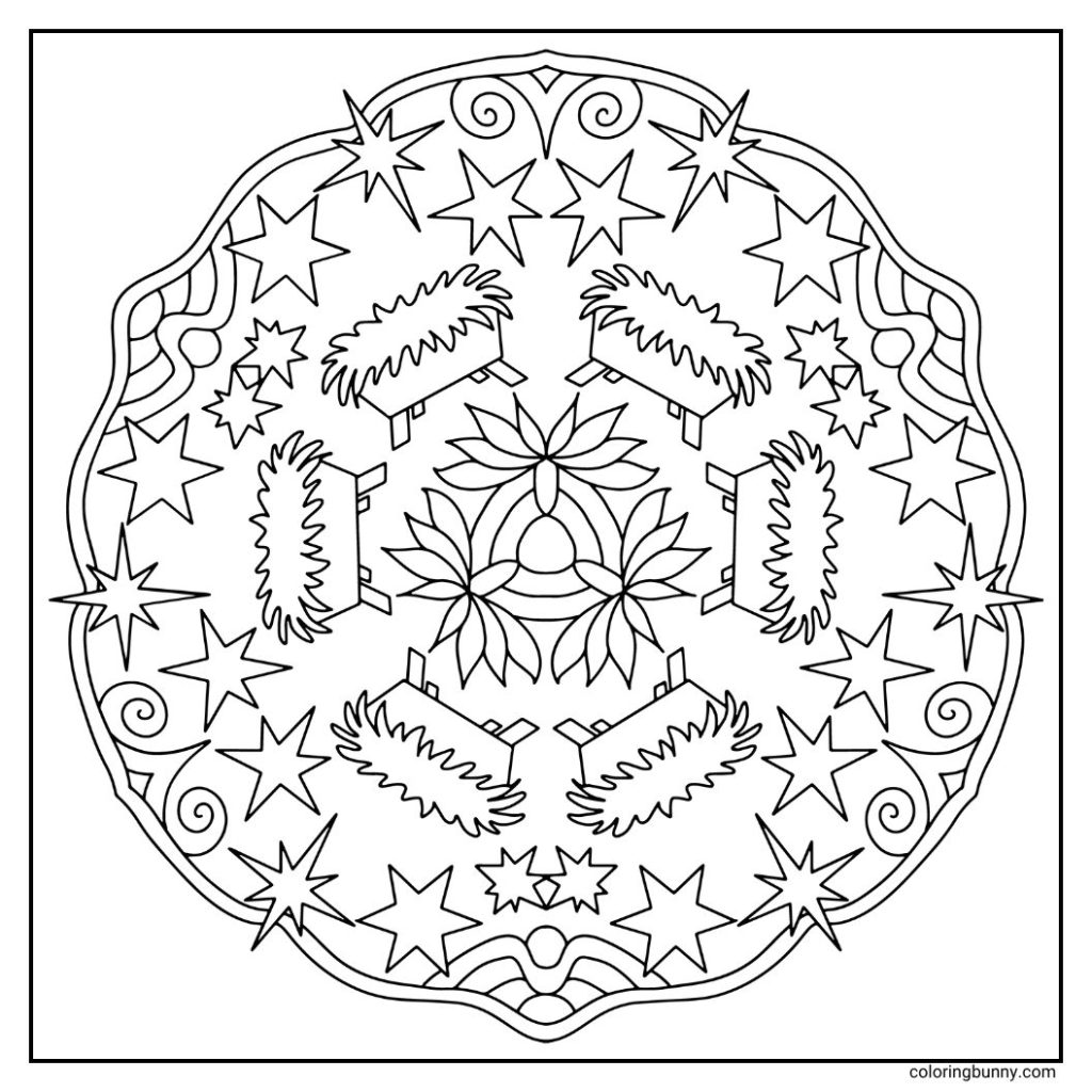 A serene hand-drawn mandala featuring mangers and stars, accented with simple outer details, perfect for a peaceful and meaningful Christmas coloring activity.