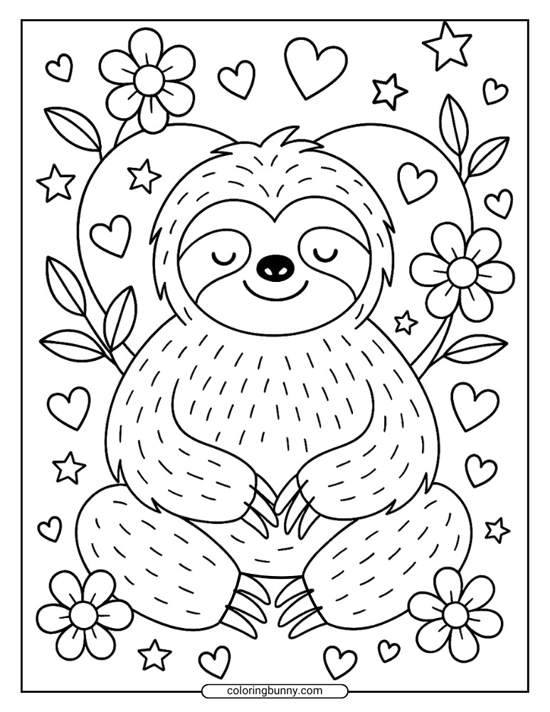 Cute sloth coloring page of a relaxed sitting sloth with flowers, hearts, and stars all around.