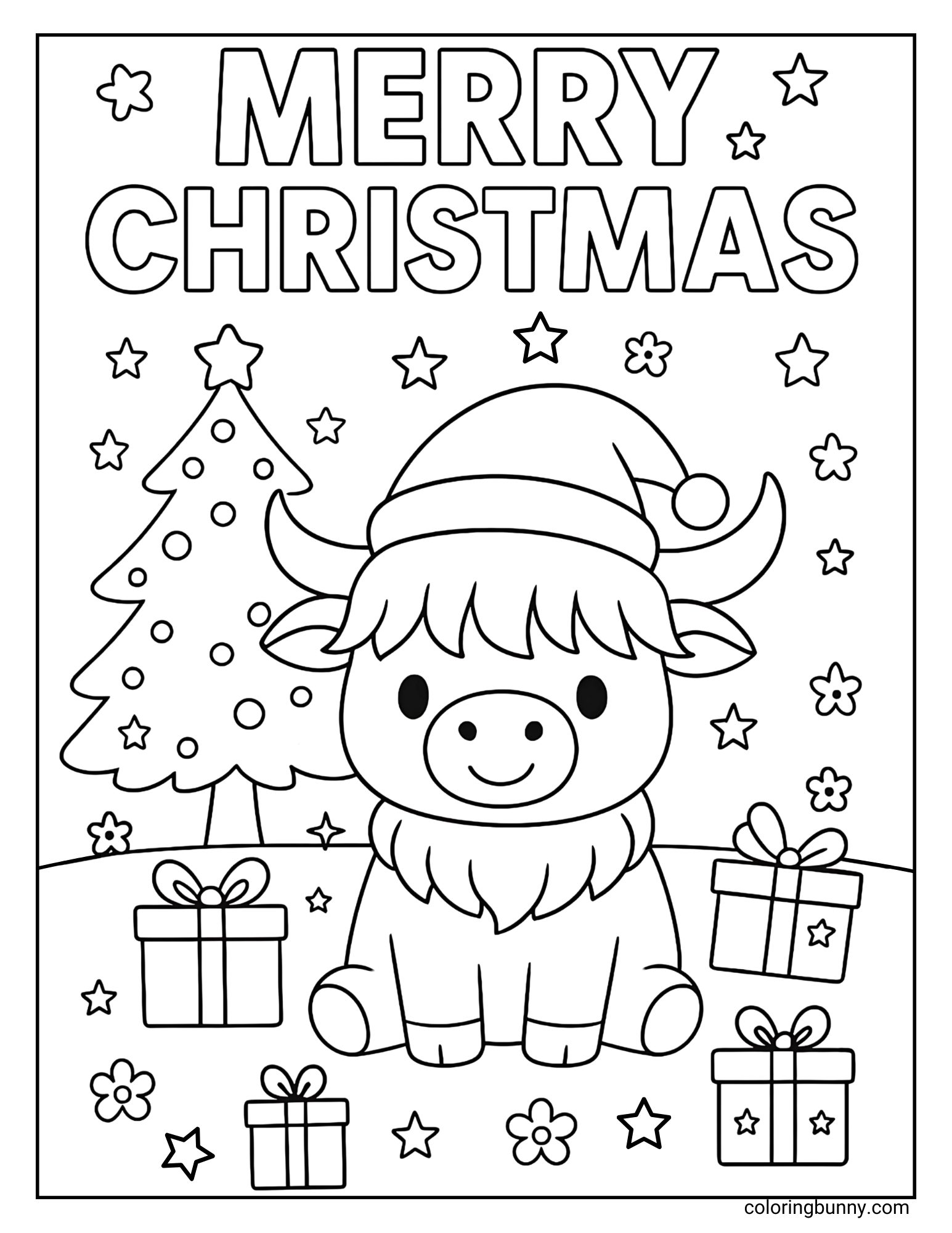 Black and white Christmas-themed coloring page of a Highland cow in a Santa hat with gifts, stars, and a Christmas tree.