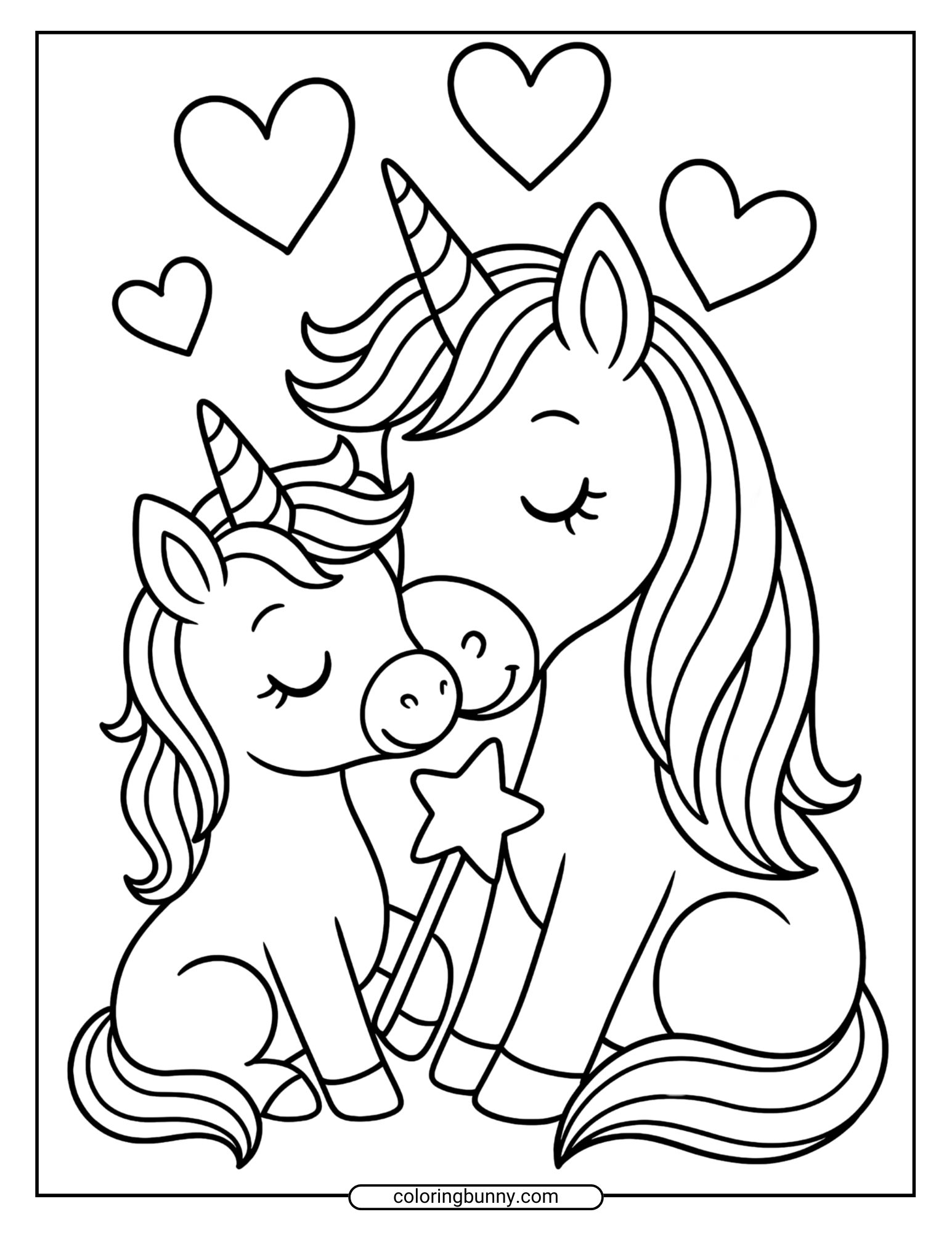 Coloring sheet of a mummy unicorn and baby unicorn cuddling, both holding a star wand, with hearts above them.