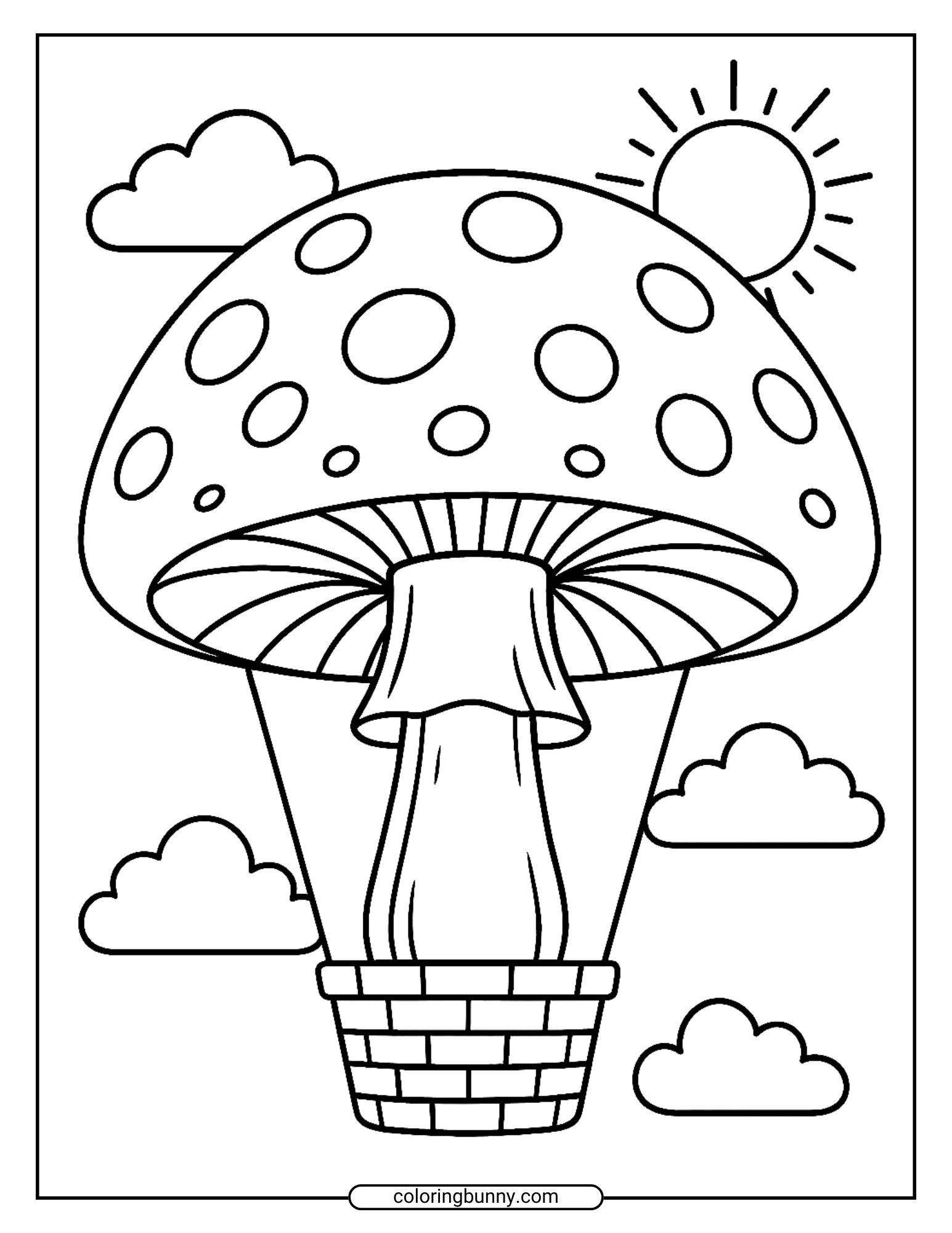 A whimsical mushroom coloring page showing a large spotted mushroom acting as a hot air balloon, complete with a woven basket floating among clouds and a shining sun overhead.