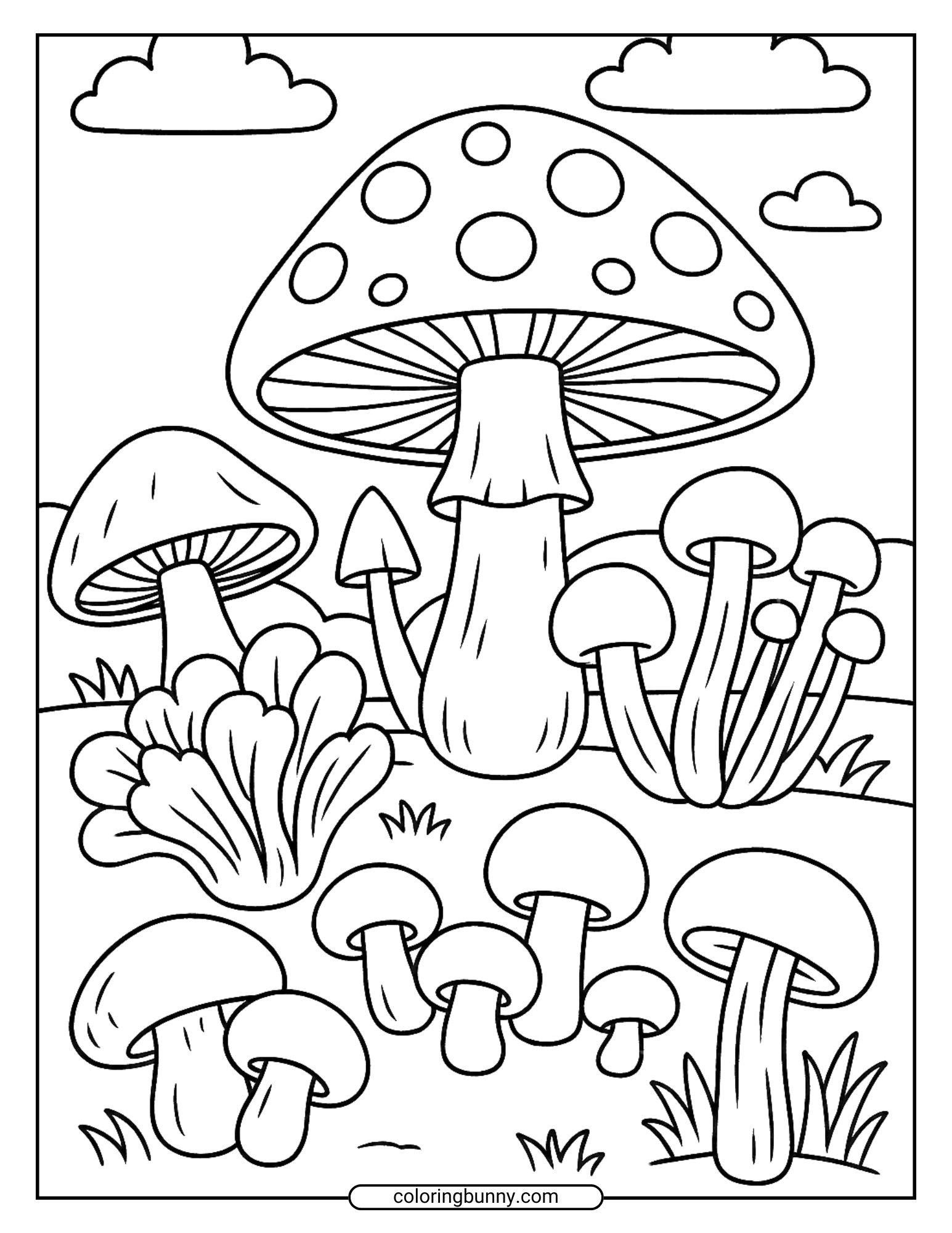 A detailed mushroom coloring page featuring a wide assortment of mushrooms including tall, spotted varieties and shorter clusters, all growing in a grassy landscape under a cloudy sky.