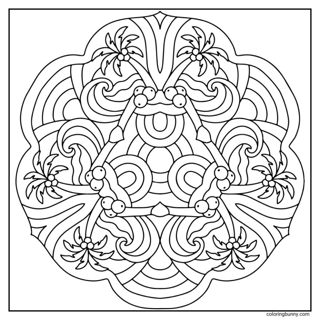 A hand-drawn summer mandala coloring page featuring palm trees and coconuts surrounded by swirling, decorative patterns for a tropical and relaxing vibe. Perfect for adding vibrant colors that capture the warmth and beauty of a beach getaway.
