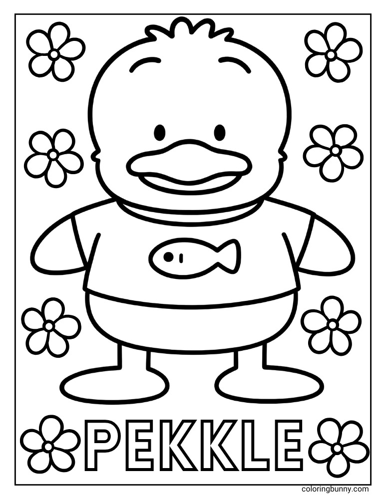 Sanrio coloring page of Pekkle the duck, with flowers and his name "PEKKLE" written below him.