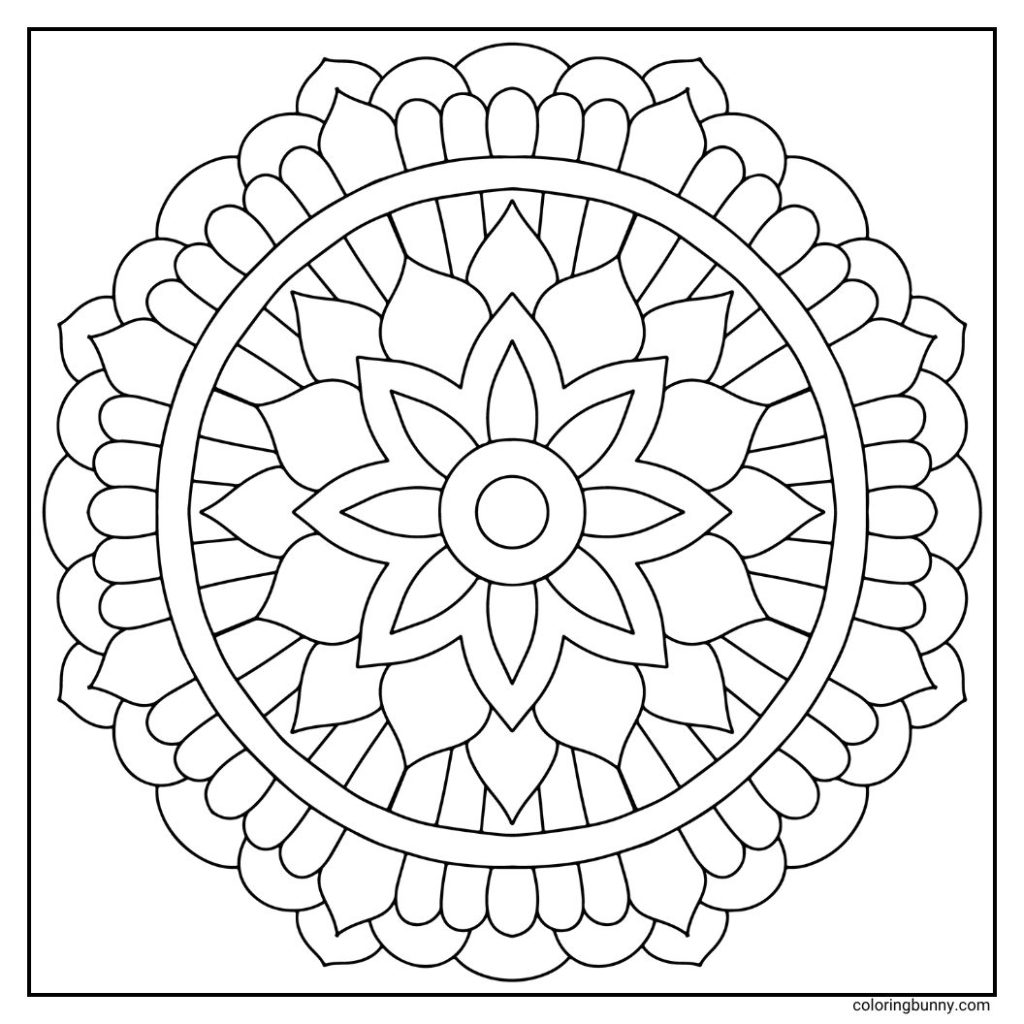 A hand-drawn mandala coloring page with a flower-like center encircled by petal shapes arranged like a crown. The outer layers combine rounded curves with gentle points, giving the design a sense of elegance and poise. Perfect for mindful coloring that blends floral beauty with refined symmetry.