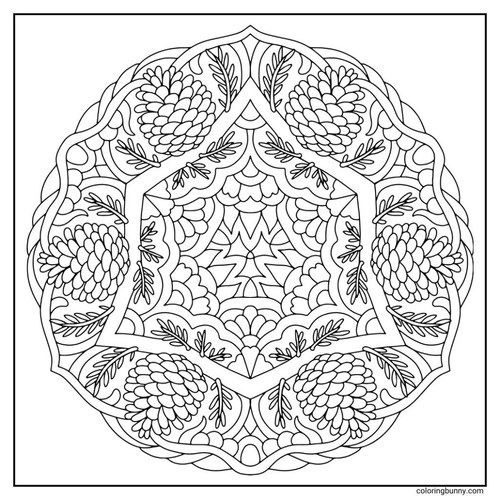 A nature-inspired hand-drawn winter mandala coloring page composed of pinecones, ferns, and delicate snowflake-like patterns. The design radiates outward in perfect symmetry, blending forest textures with the softness of winter. Each element is intricately detailed, creating a cozy woodland feel that invites mindful coloring and seasonal calm.
