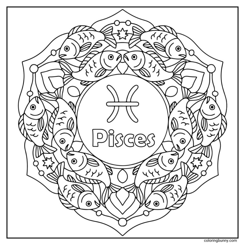 Our Pisces mandala (February 19 – March 20) includes the Pisces symbol at the center, surrounded by flowing fish and aquatic patterns. This dreamy design captures Pisces’ imaginative, intuitive nature, perfect for calming, meditative coloring.